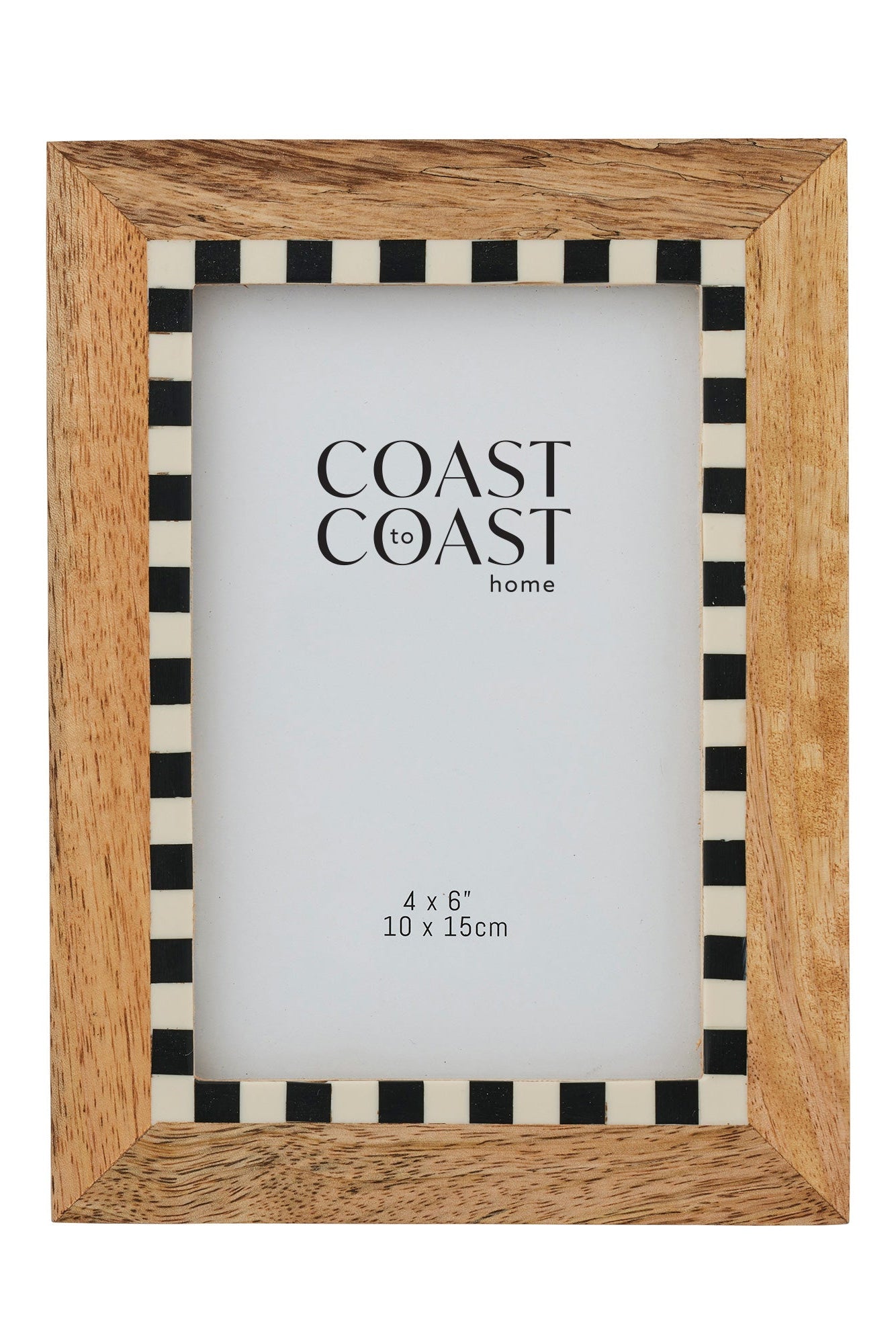 Wooden picture frame with black and white checkered border on a white background