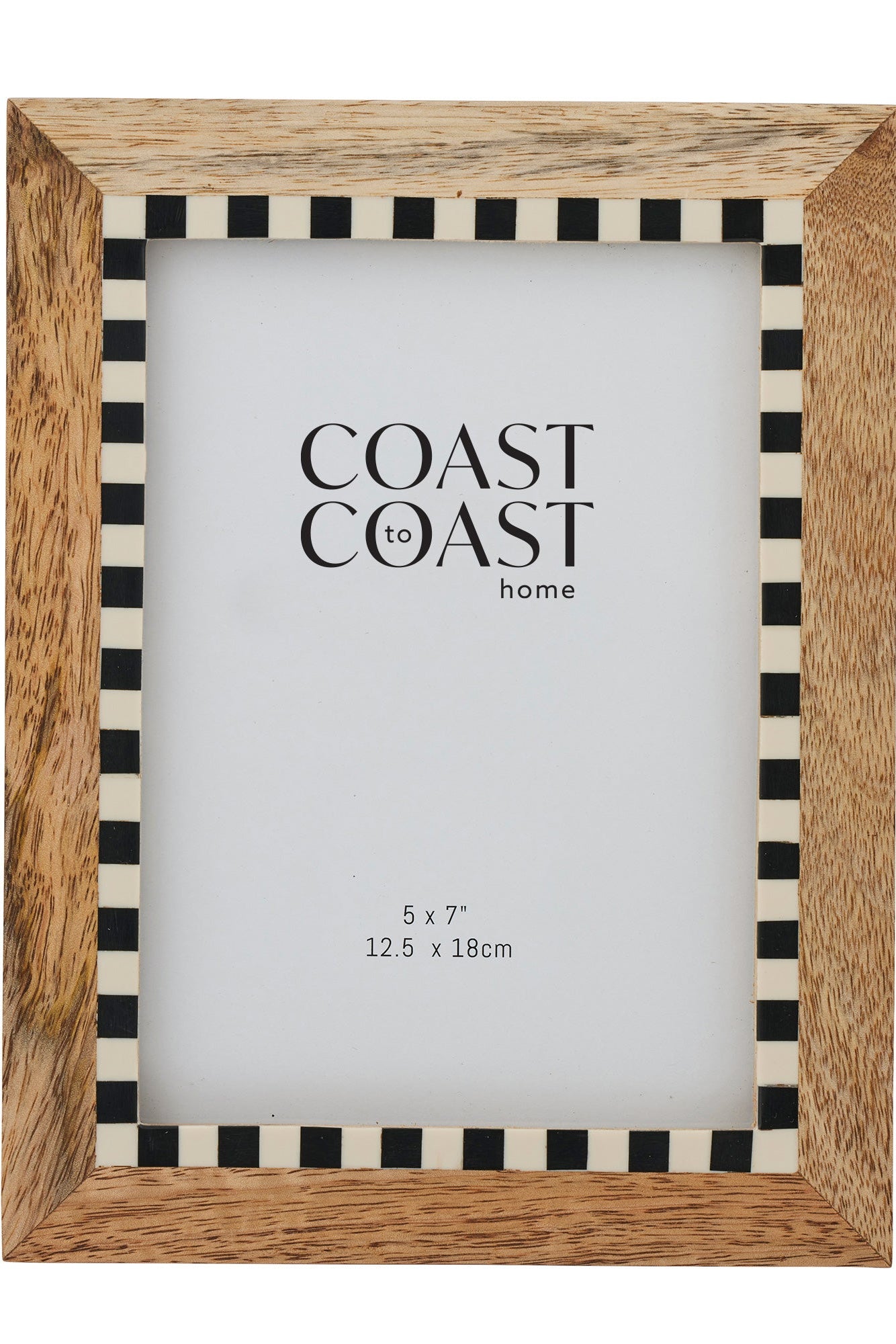 Wooden picture frame with black and white checkered border and 'Coast to Coast Home' branding.