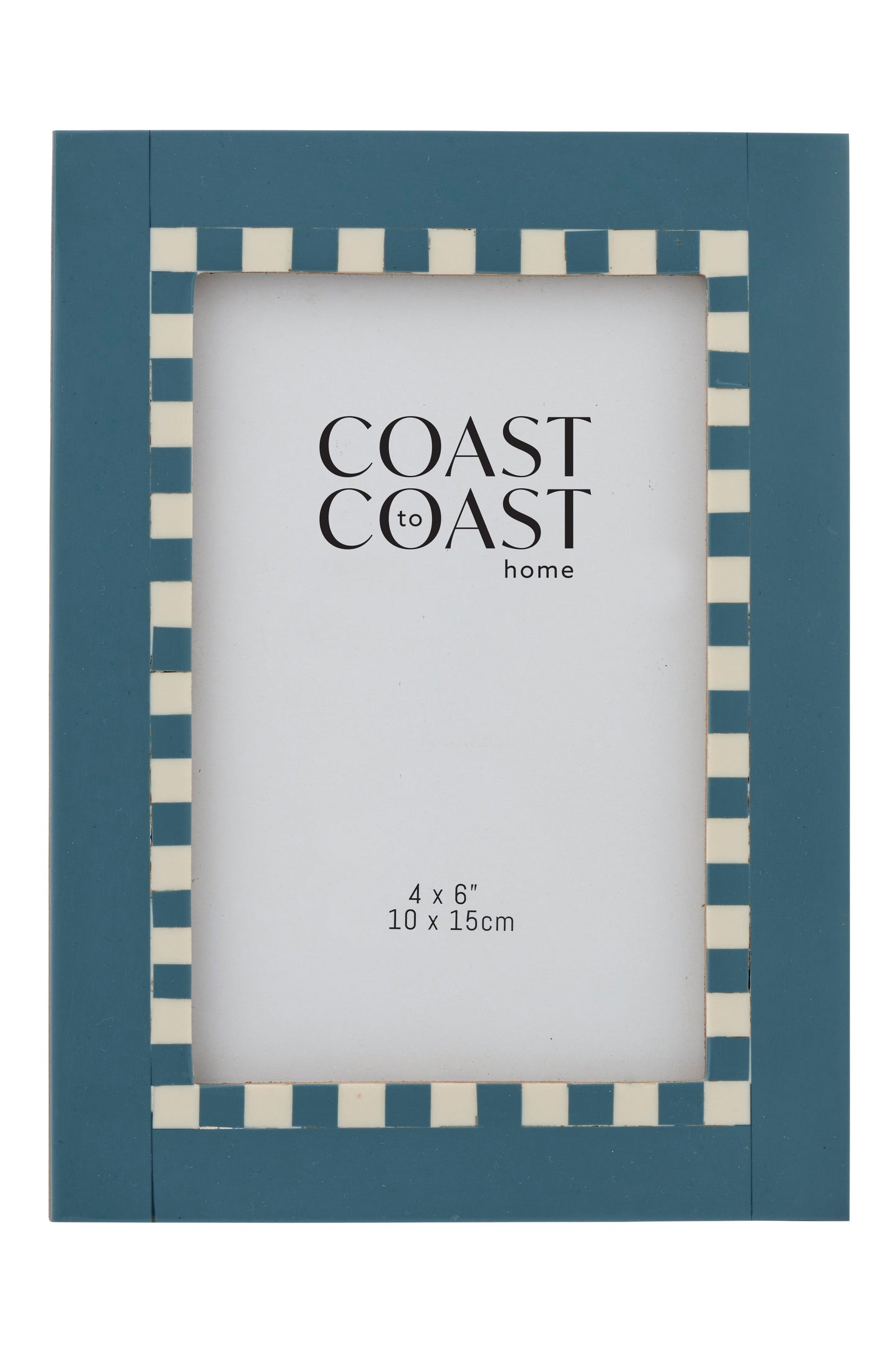 Blue picture frame with striped border on a white background