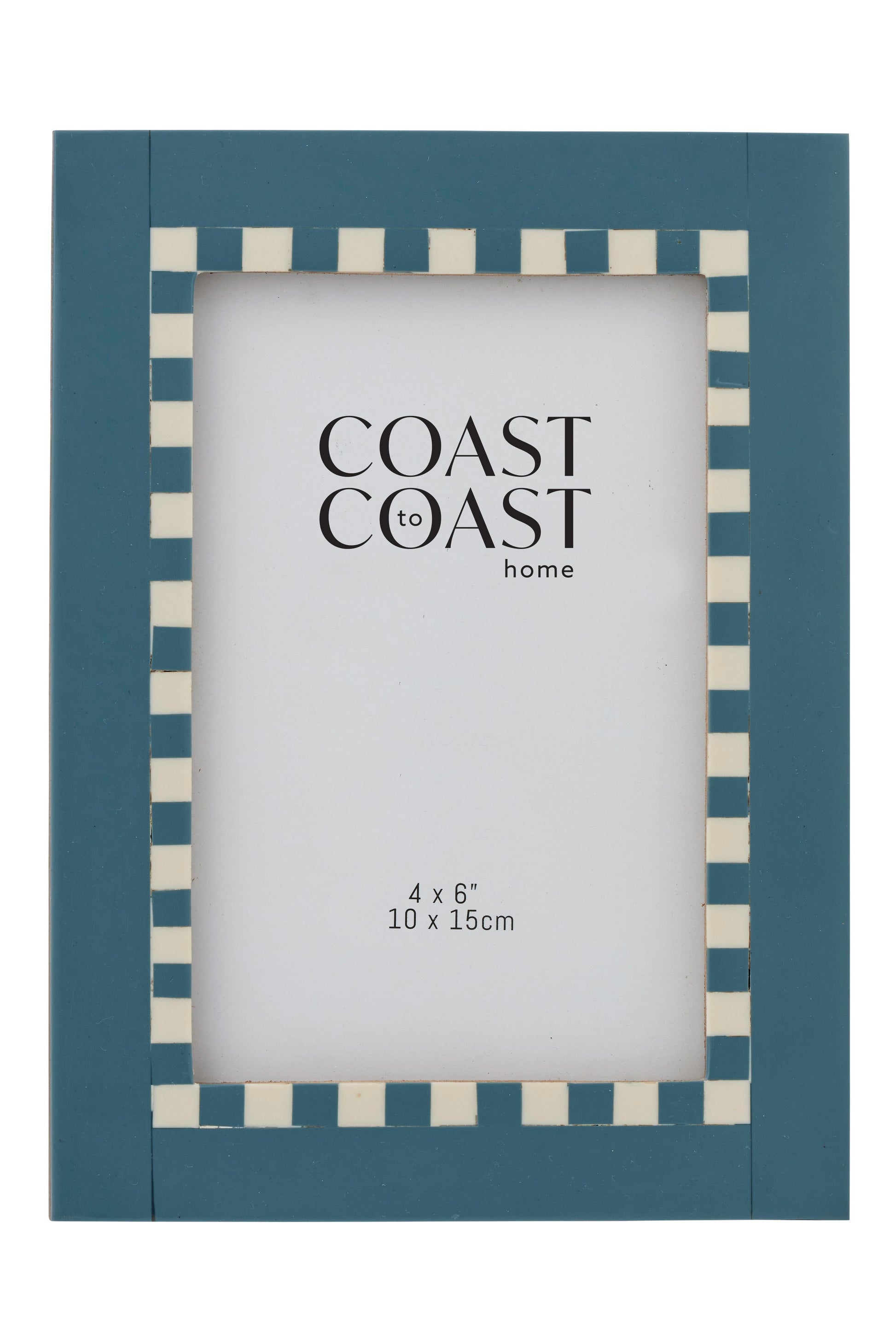 Blue picture frame with striped border on a white background