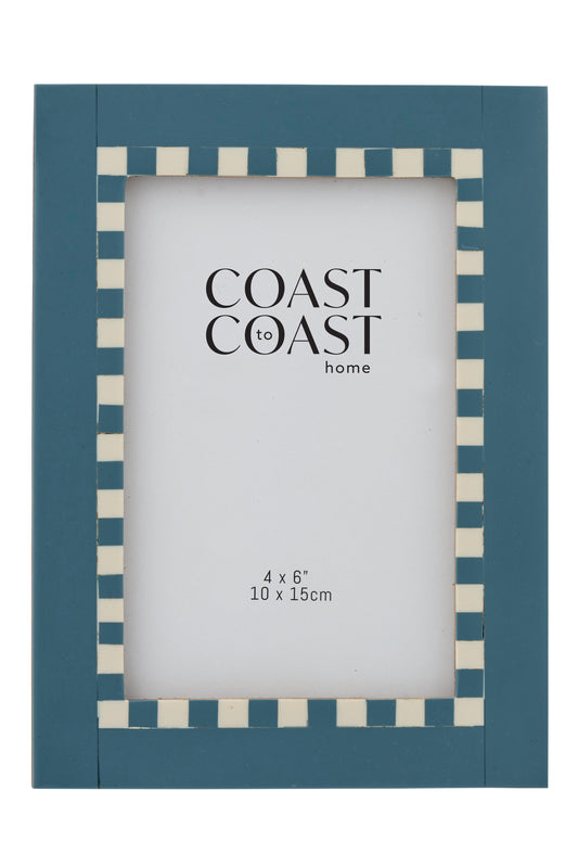 Blue picture frame with striped border on a white background