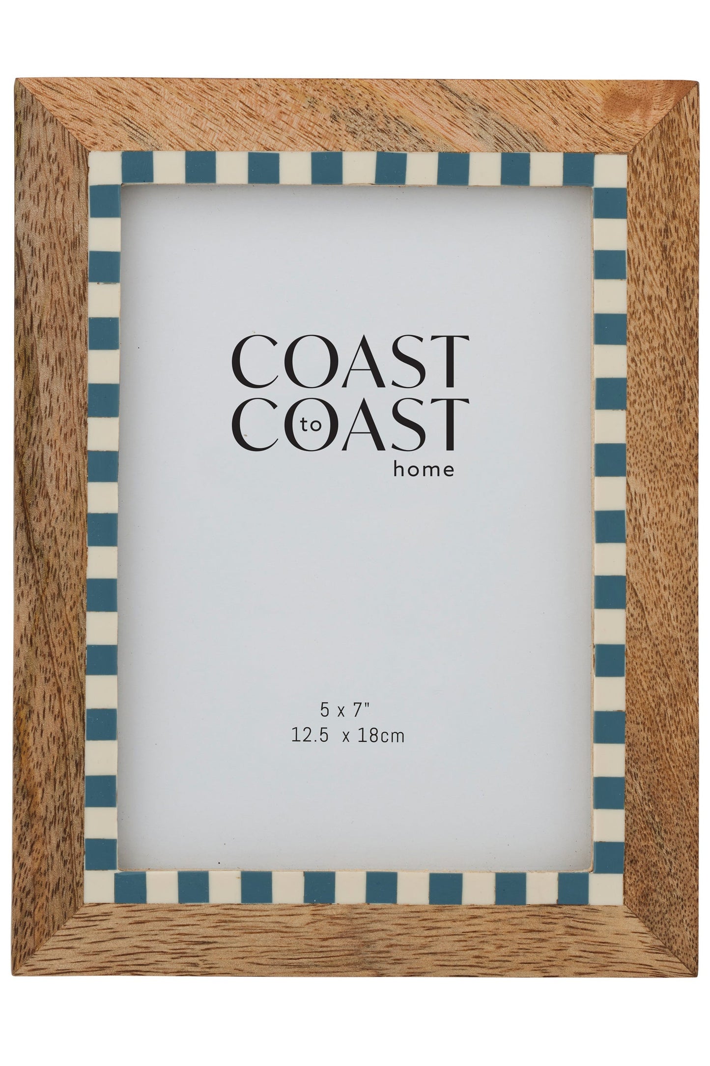 Wooden picture frame with blue and white checkered border on a white background