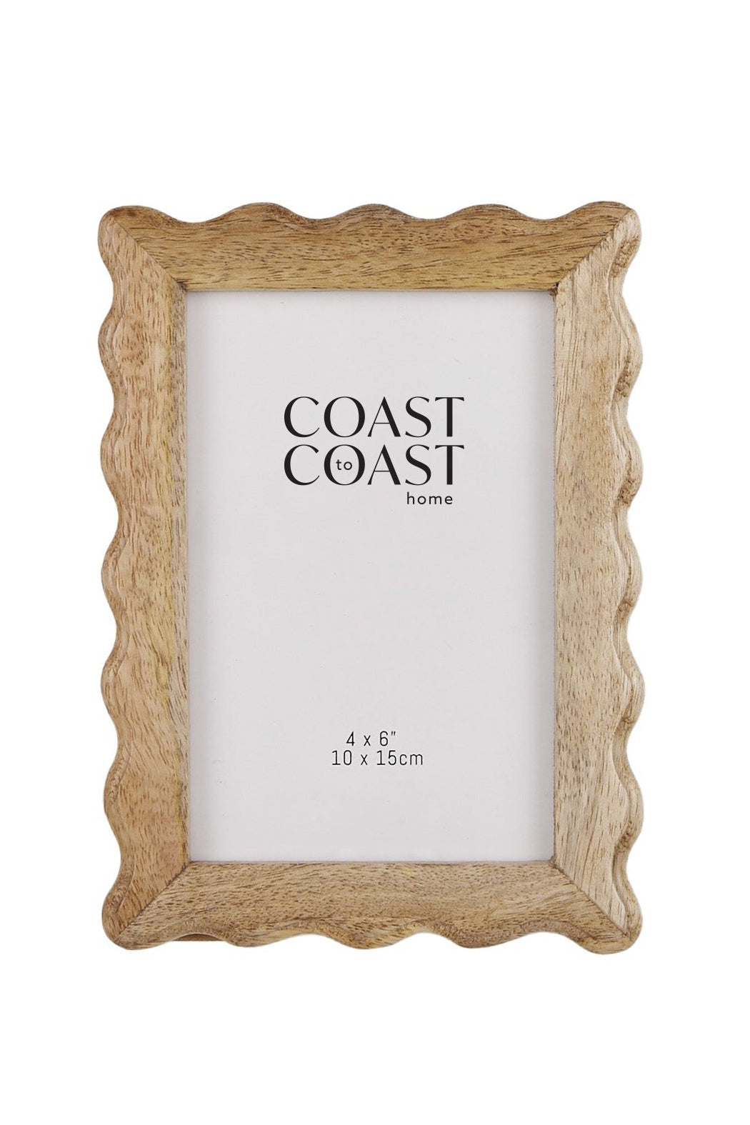 Wooden photo frame with scalloped edges on a white background