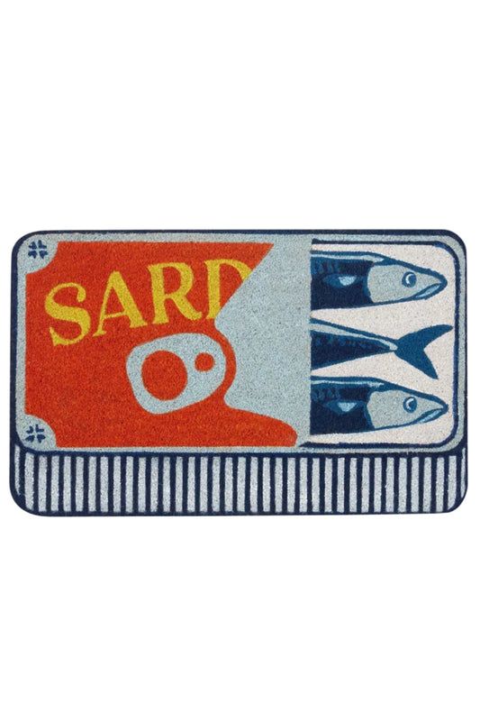 Decorative mat with 'SARDINE' text and fish illustration on a white background