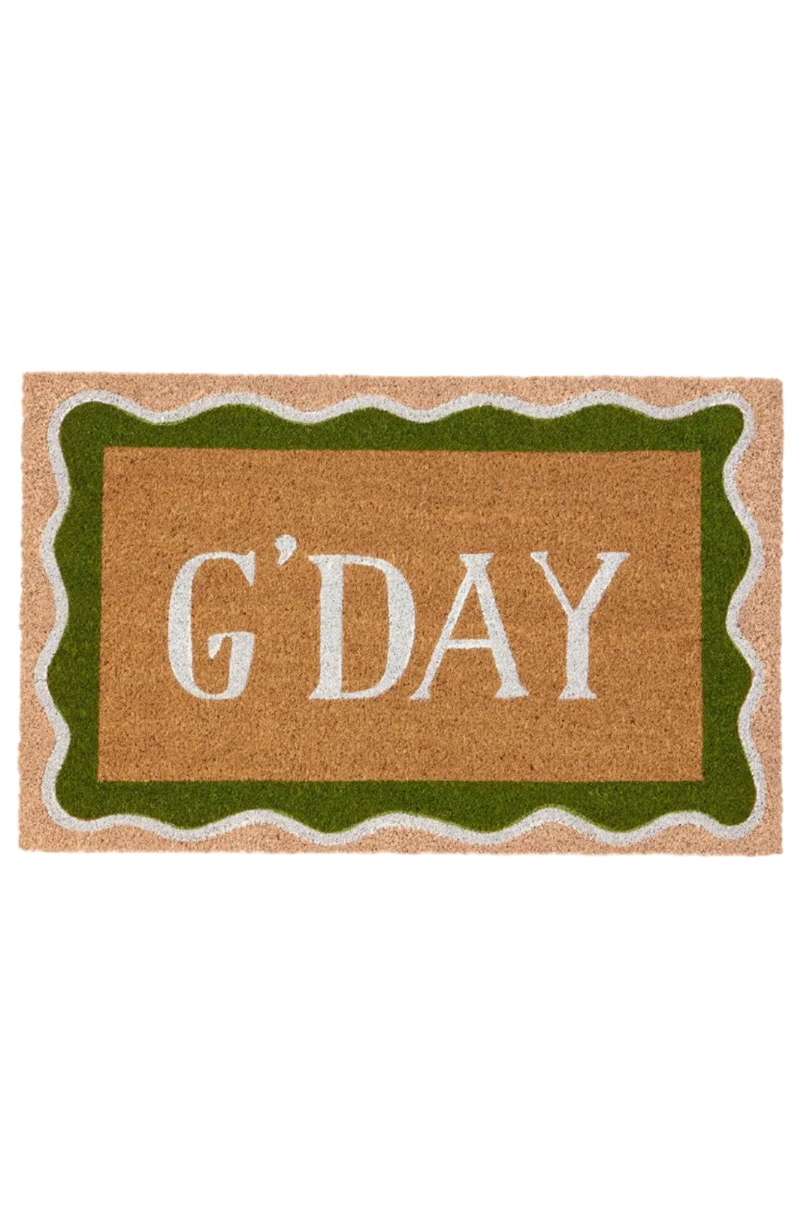 Doormat with 'G'DAY' text on a white background