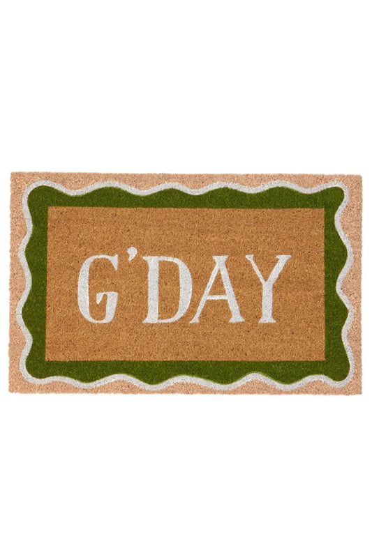 Doormat with 'G'DAY' text on a white background