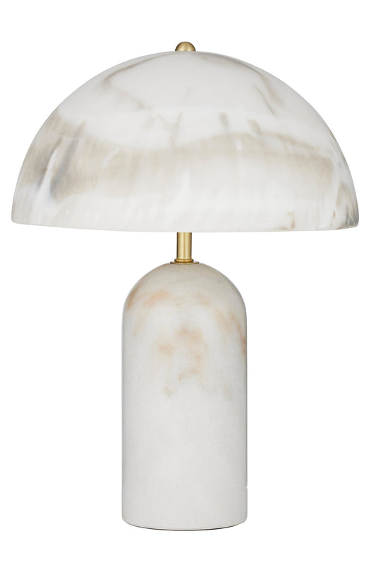 White marble table lamp with gold detailing and marble look frame on a white background