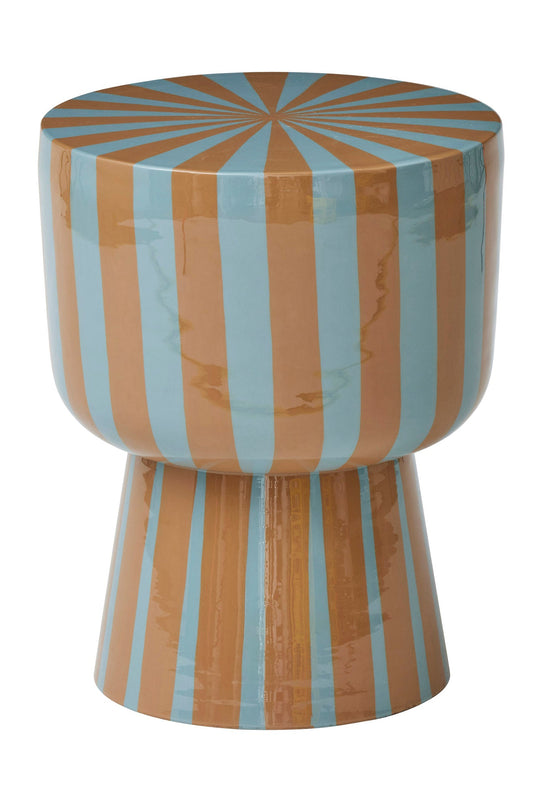 Striped stool with blue and orange pattern on a white background
