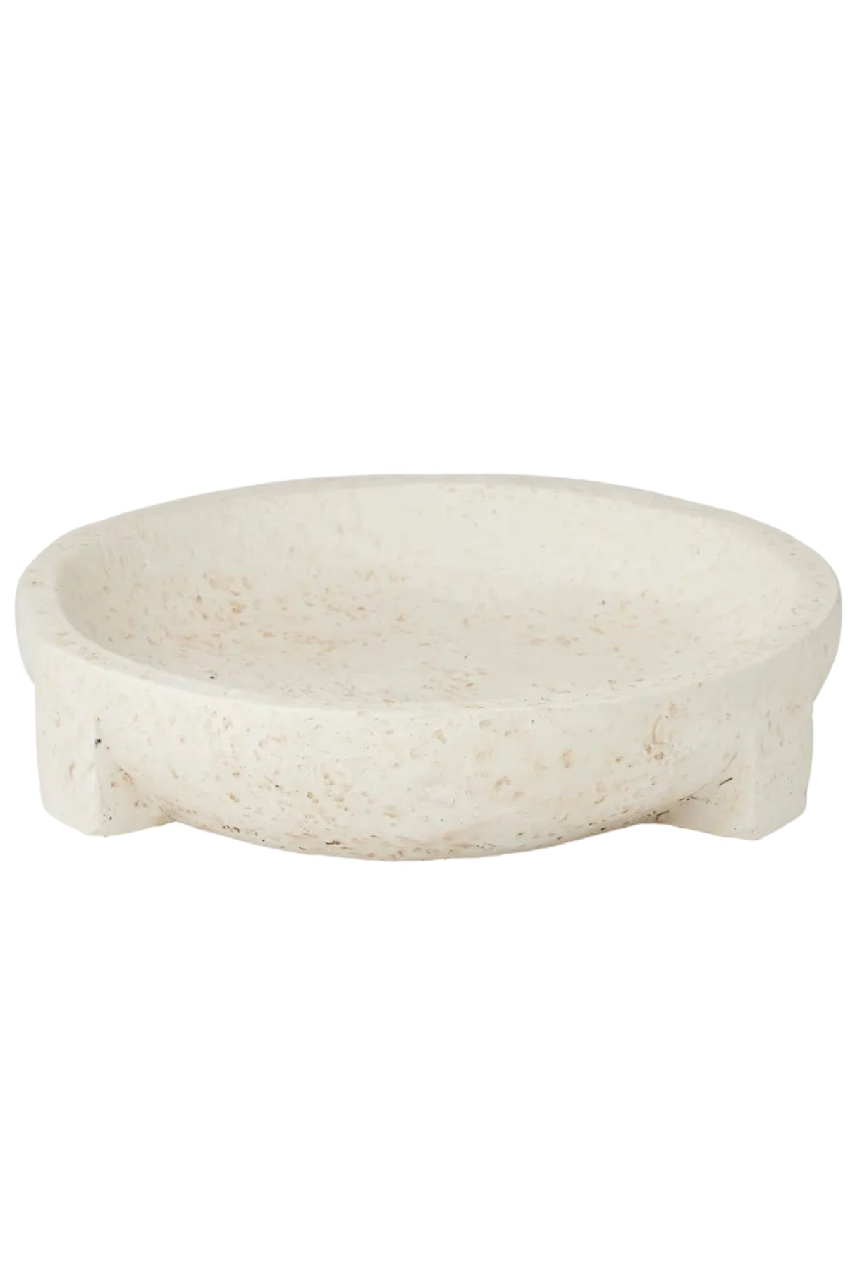 A round, shallow stone tray or dish with a textured, speckled off-white surface, shown against a plain white background.