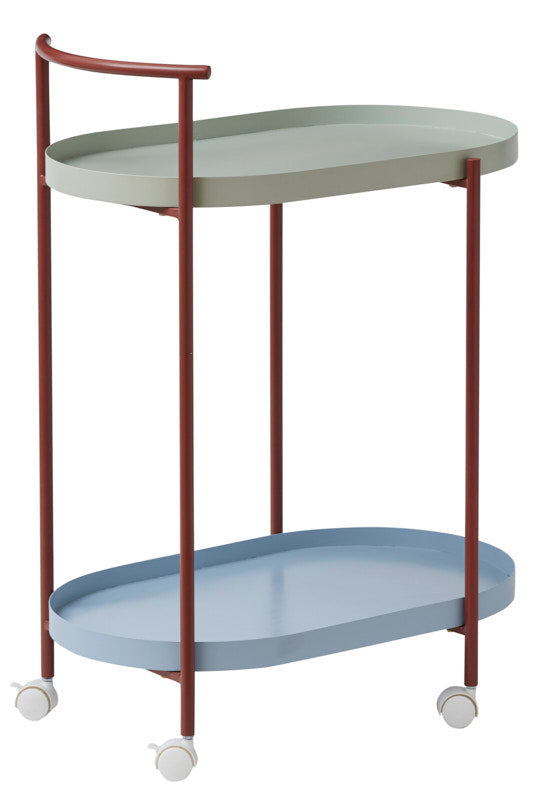 A two-tier rolling serving cart with a muted sage green top tray, a light blue bottom tray, and a rust-red metal frame with white caster wheels, shown on a plain white background.