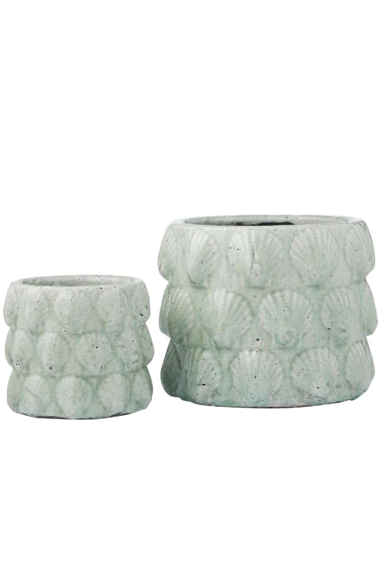 Two textured green planters on a white background