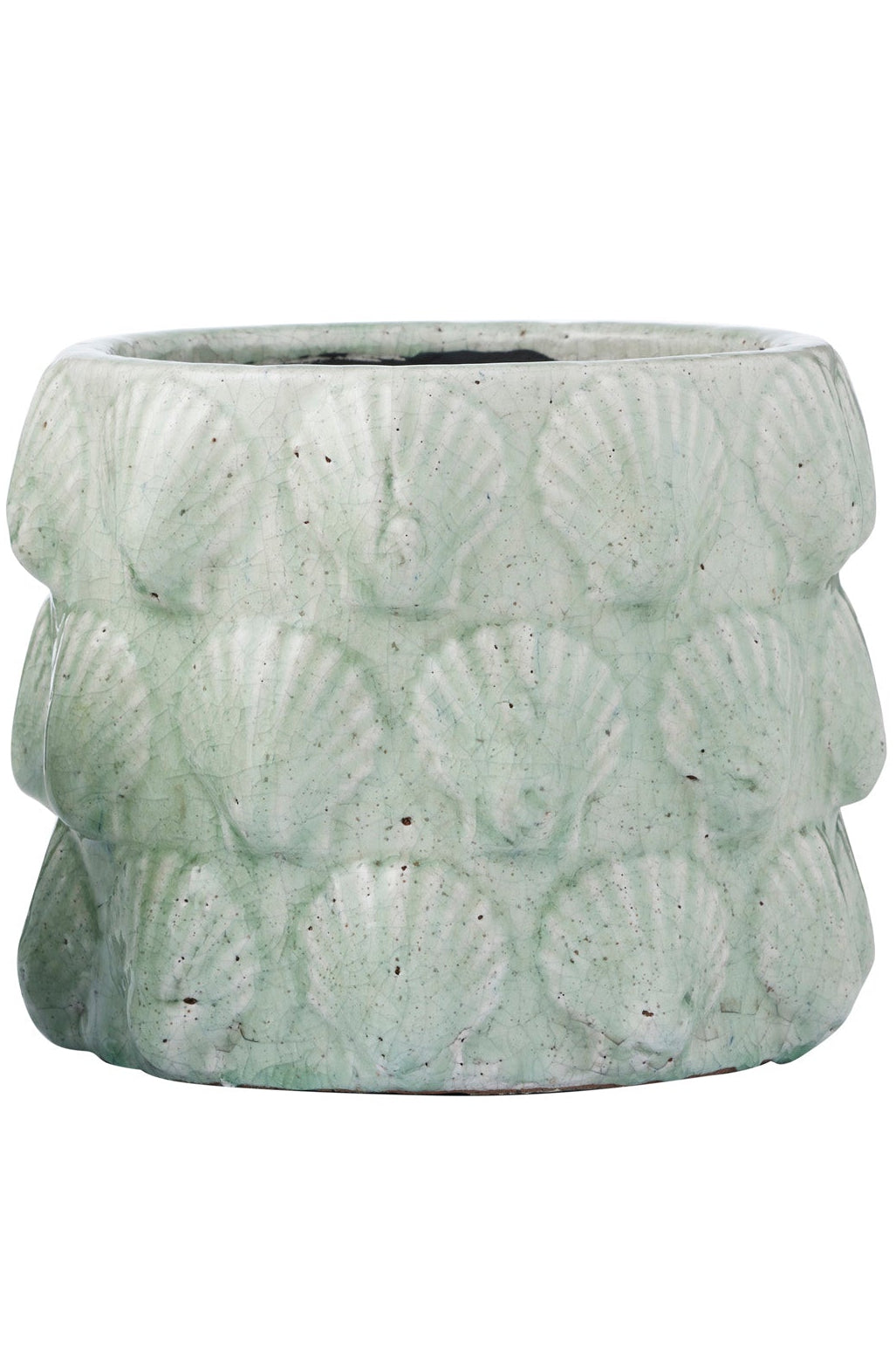 Two textured green planters on a white background