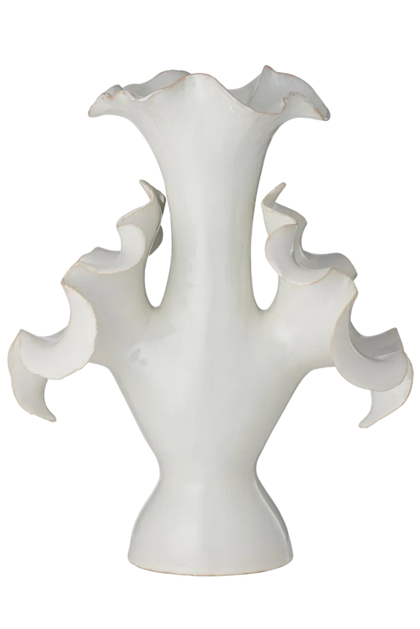 White ceramic vase with wavy design on a white background