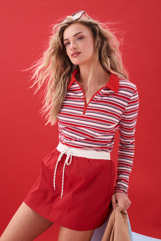 Avery Zip Long Sleeve, Red Stripe