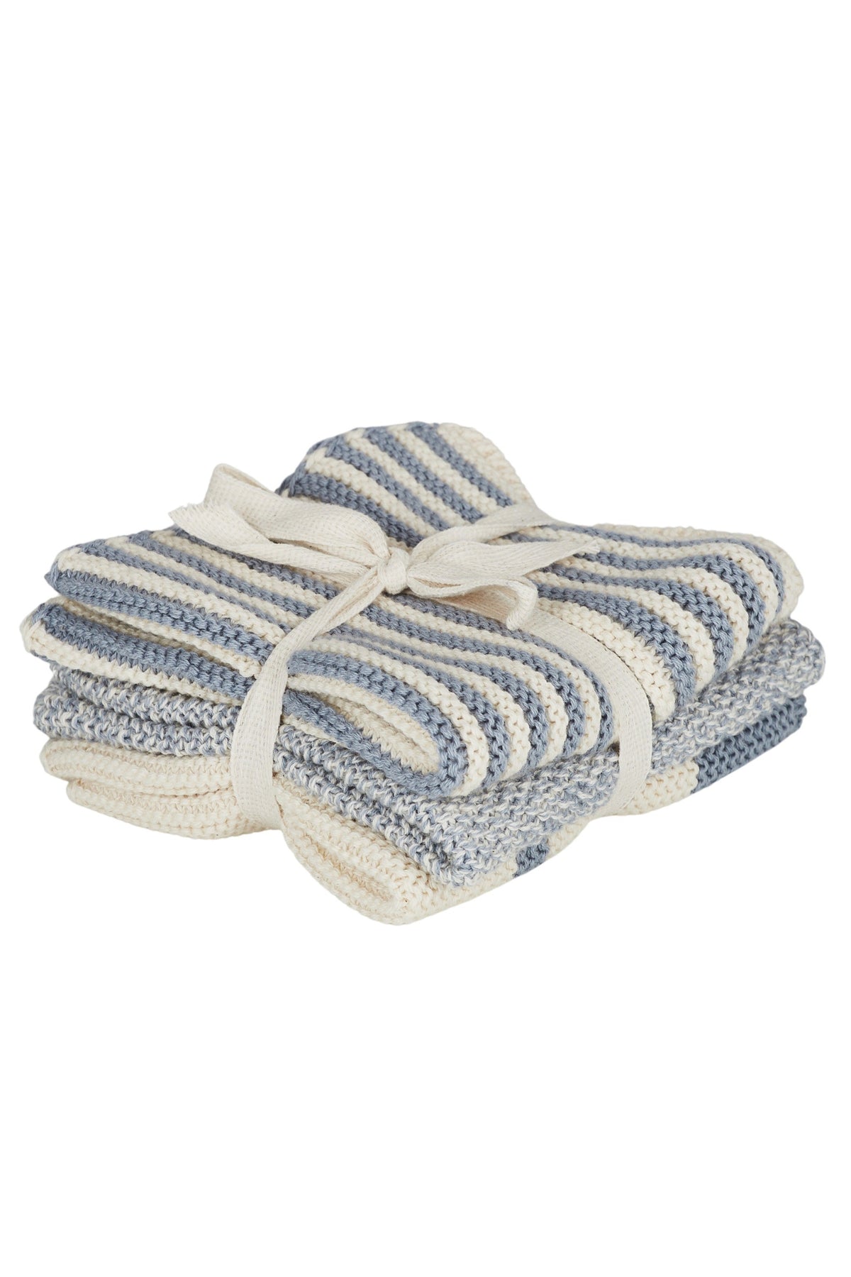 Stack of blue and white striped towels tied together on a white background