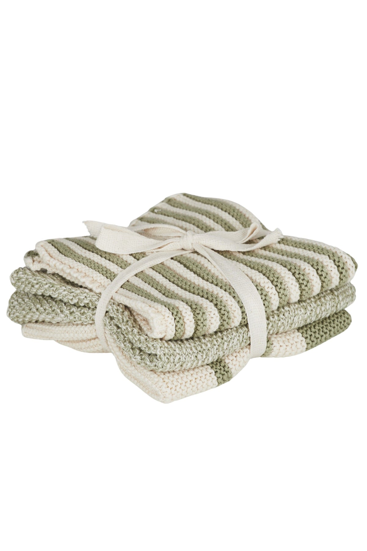 Stack of green and white striped towels on a white background