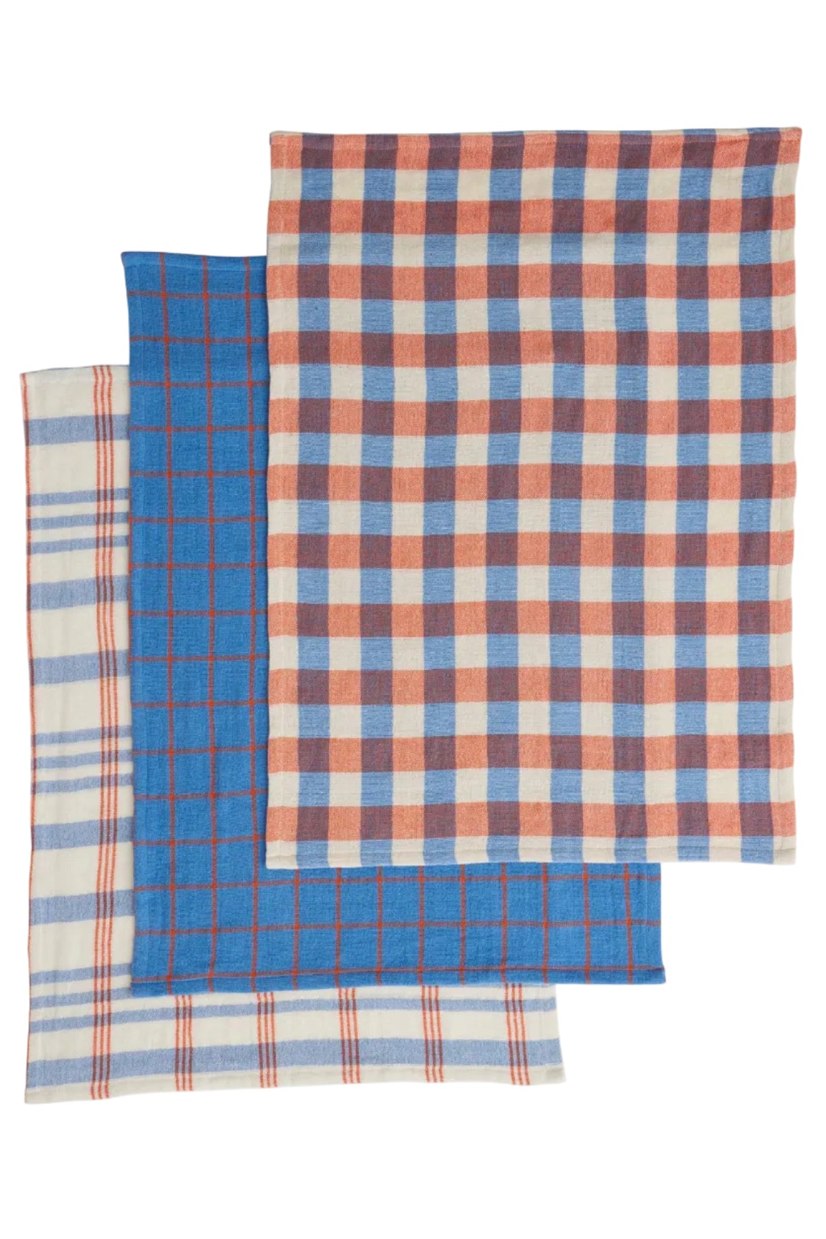 Three plaid towels in different patterns on a white background