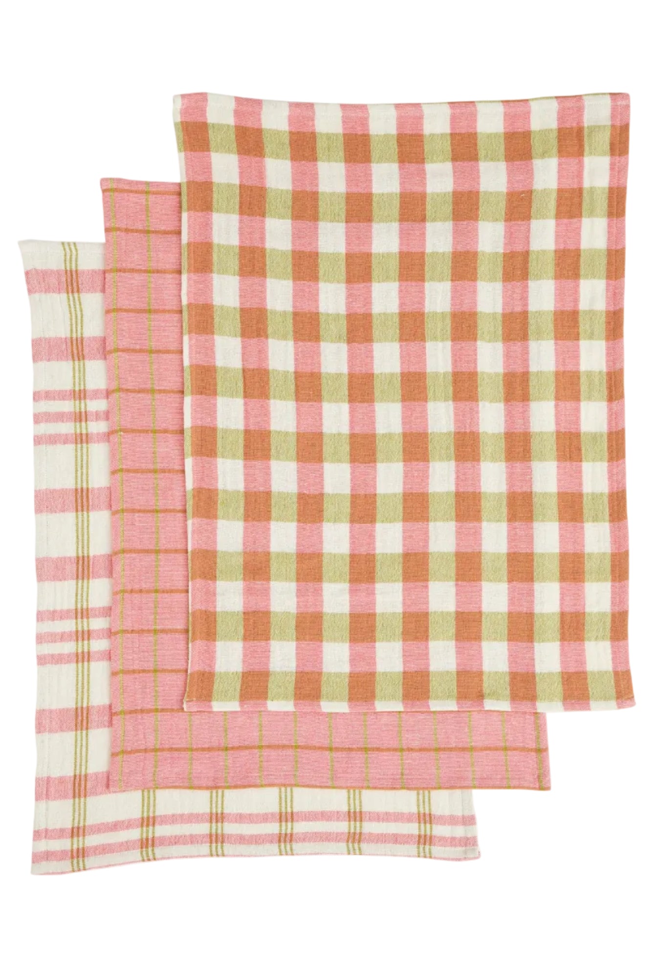 Three pink and green checkered towels on a white background