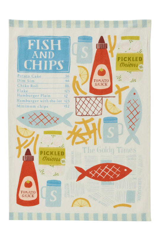 A rectangular kitchen towel with a retro 'Fish and Chips' menu print, featuring illustrated food items like fish, chips, tomato sauce, and pickled onions on a cream background with blue striped borders.