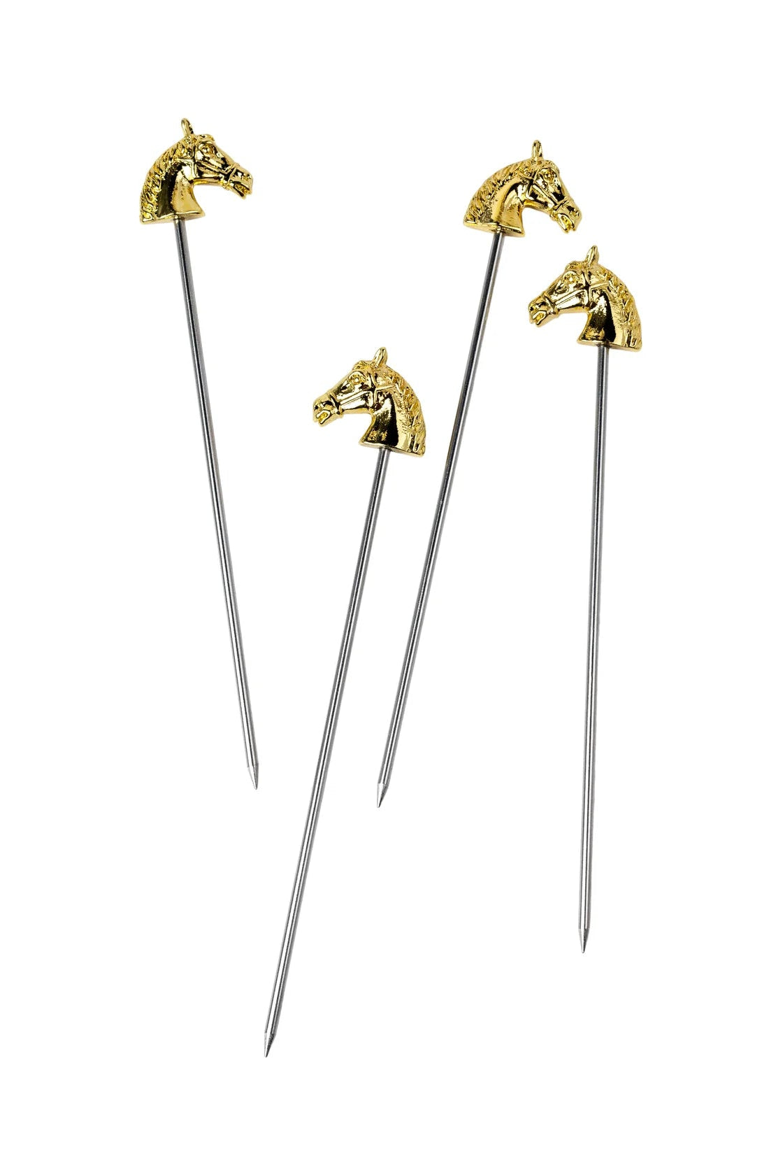 Four gold and silver hair sticks with horse head designs on a white background