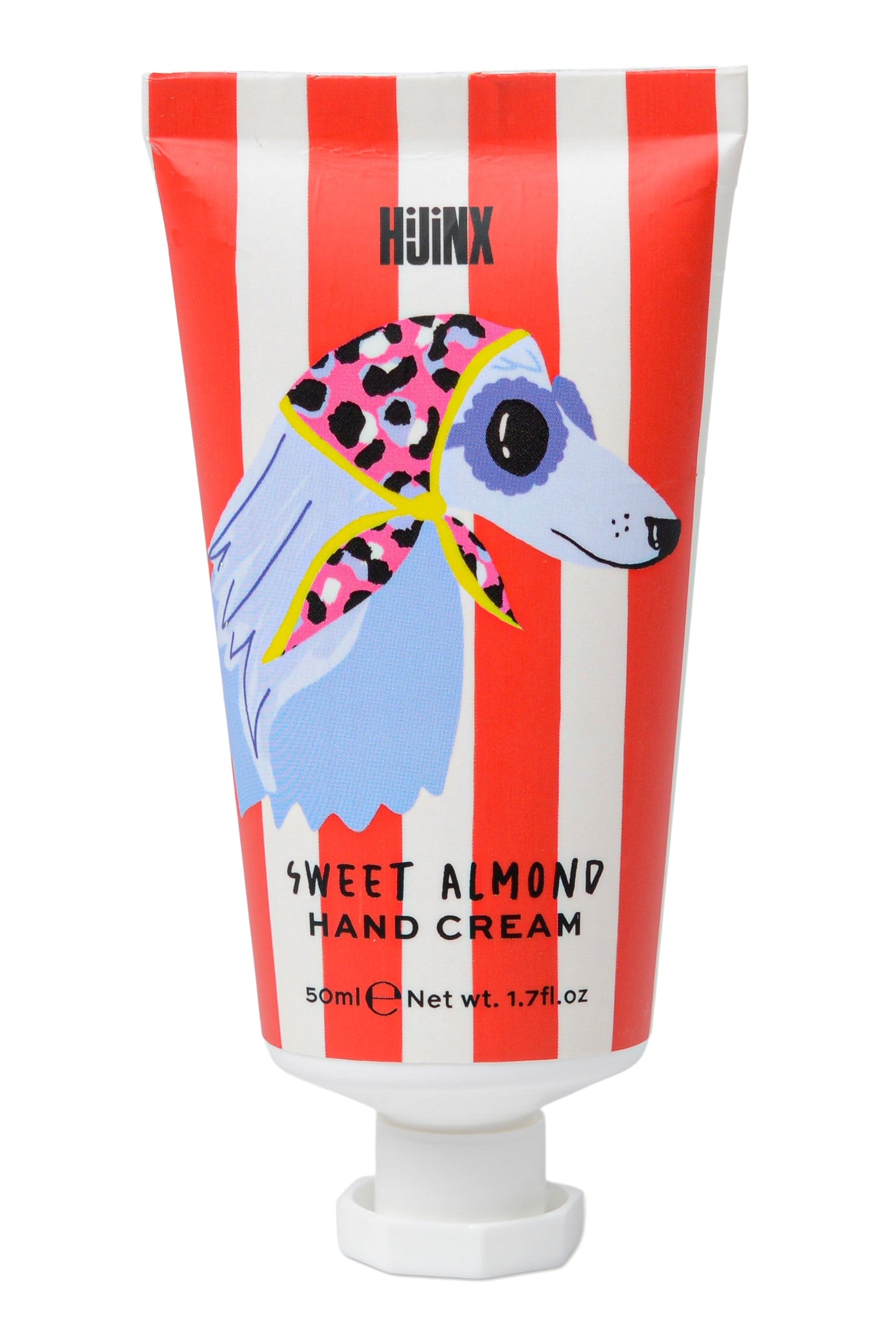Hand cream tube with a dog illustration on a red and white striped background