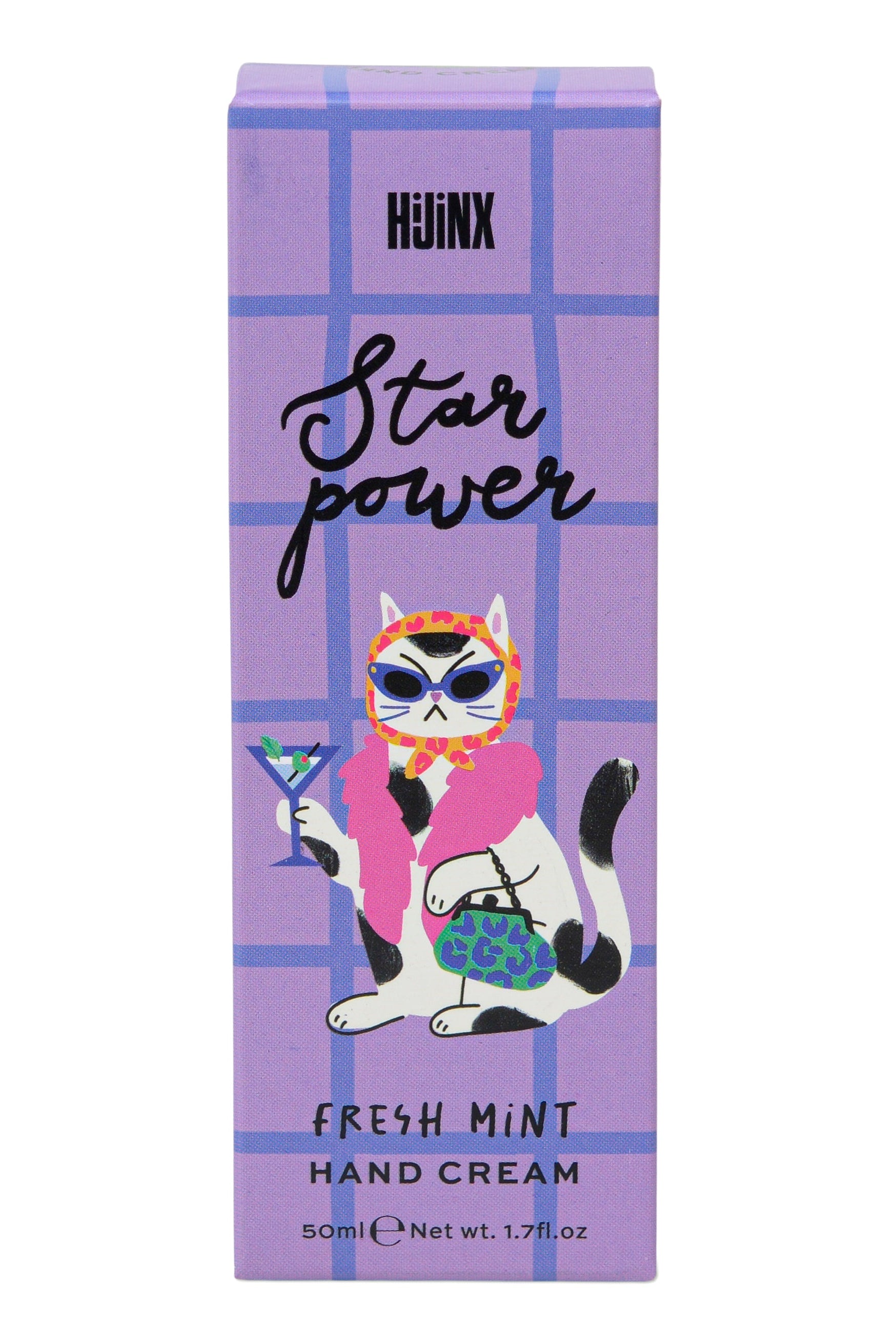 Purple box of Hujinx Star Power Fresh Mint Hand Cream with cartoon cat design.