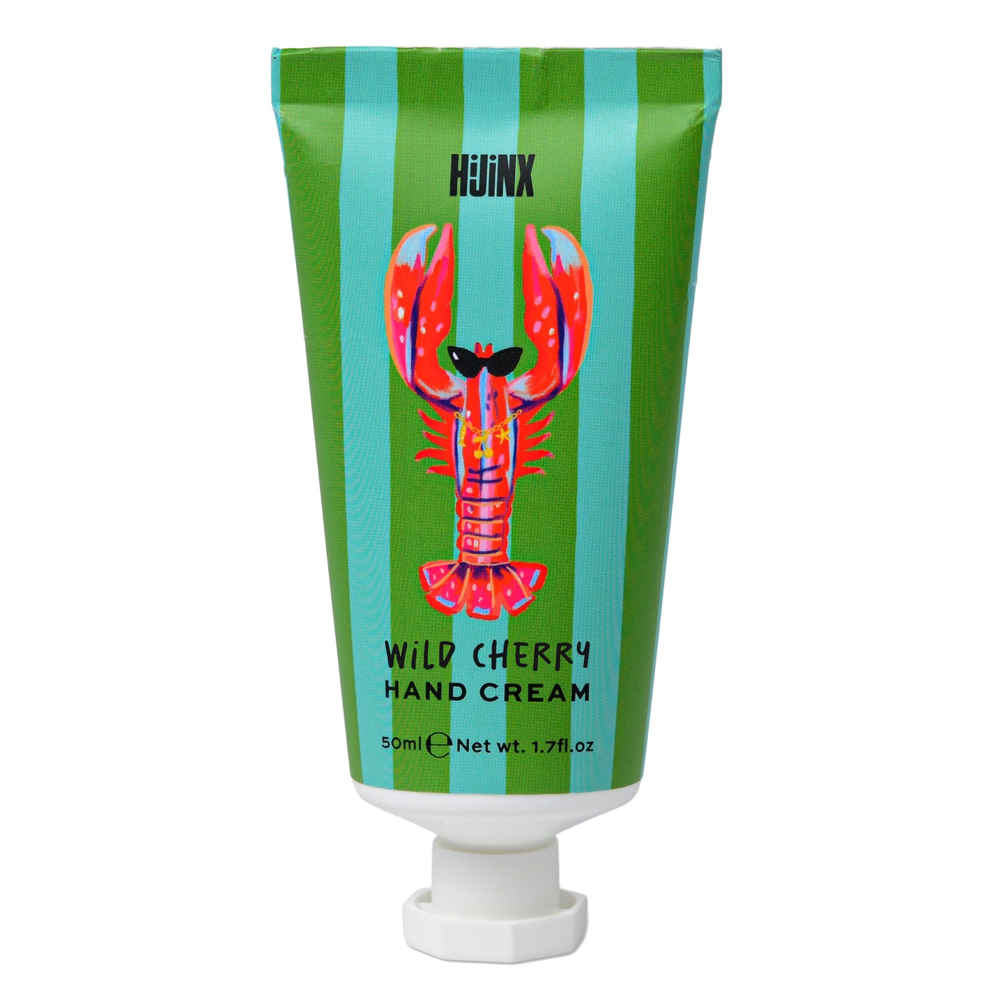 Hand cream tube with a colorful lobster design on a green and blue striped background