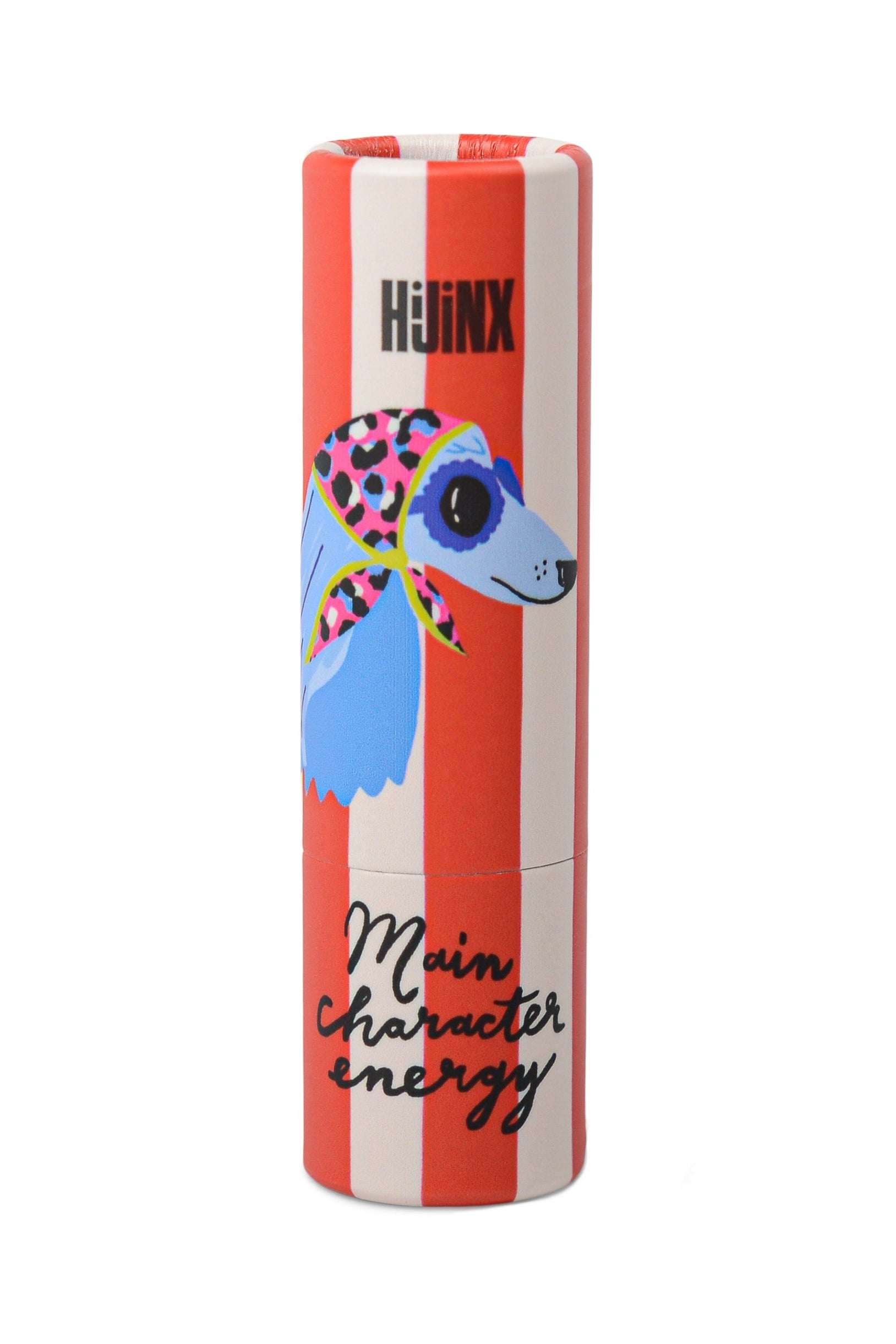 Cylindrical product with colorful animal illustration and 'Huxx' branding on a red and white striped background.