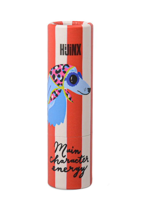 Cylindrical product with colorful animal illustration and 'Huxx' branding on a red and white striped background.