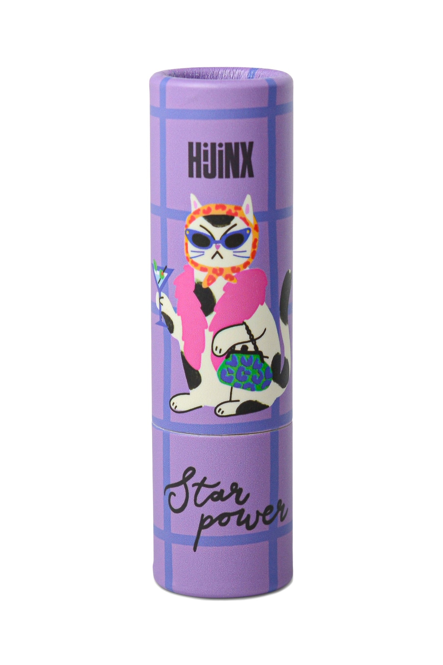 A purple cylindrical container with a cartoon cat wearing sunglasses and a pink outfit, labeled 'HJINX' and 'Star power' on a white background.