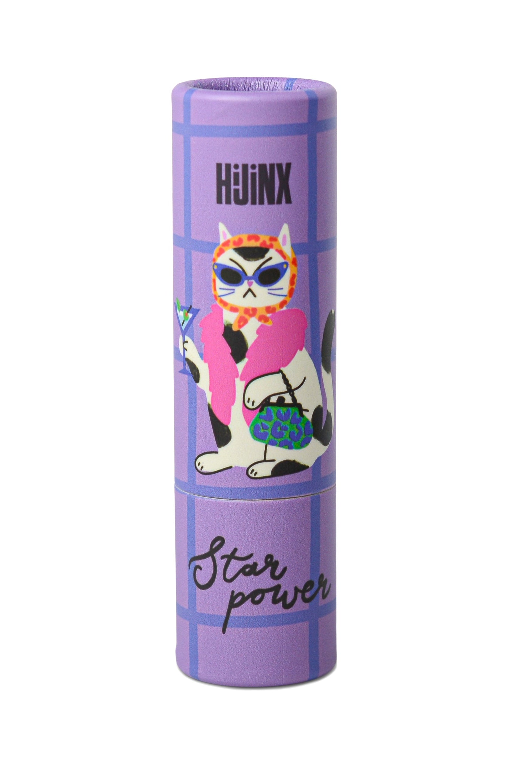 A purple cylindrical container with a cartoon cat wearing sunglasses and a pink outfit, labeled 'HJINX' and 'Star power' on a white background.