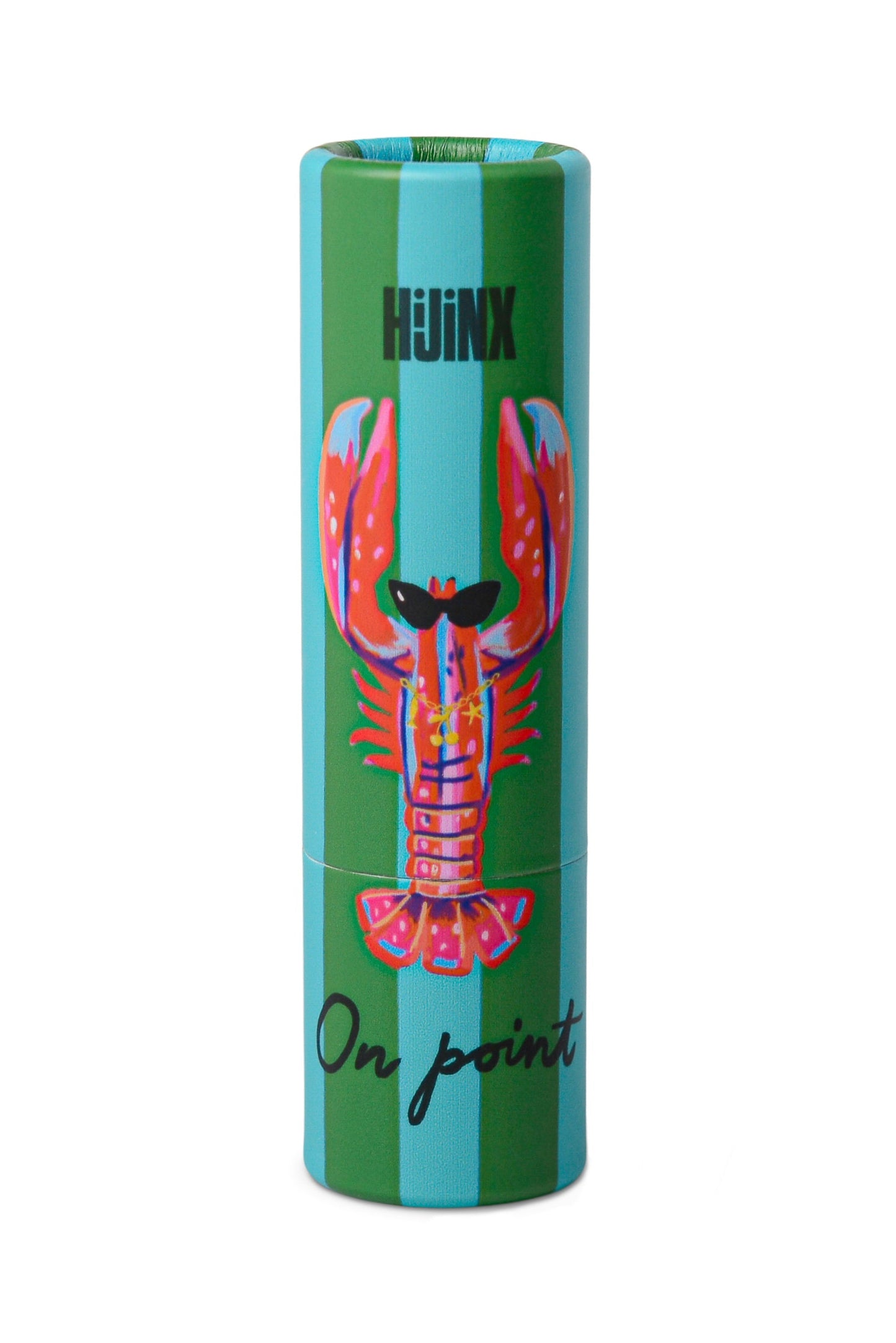 A cylindrical travel lipstick tube featuring a colorful lobster illustration on a green and light blue striped background, with the brand name 'HUINX' and the phrase 'On point' printed on it.