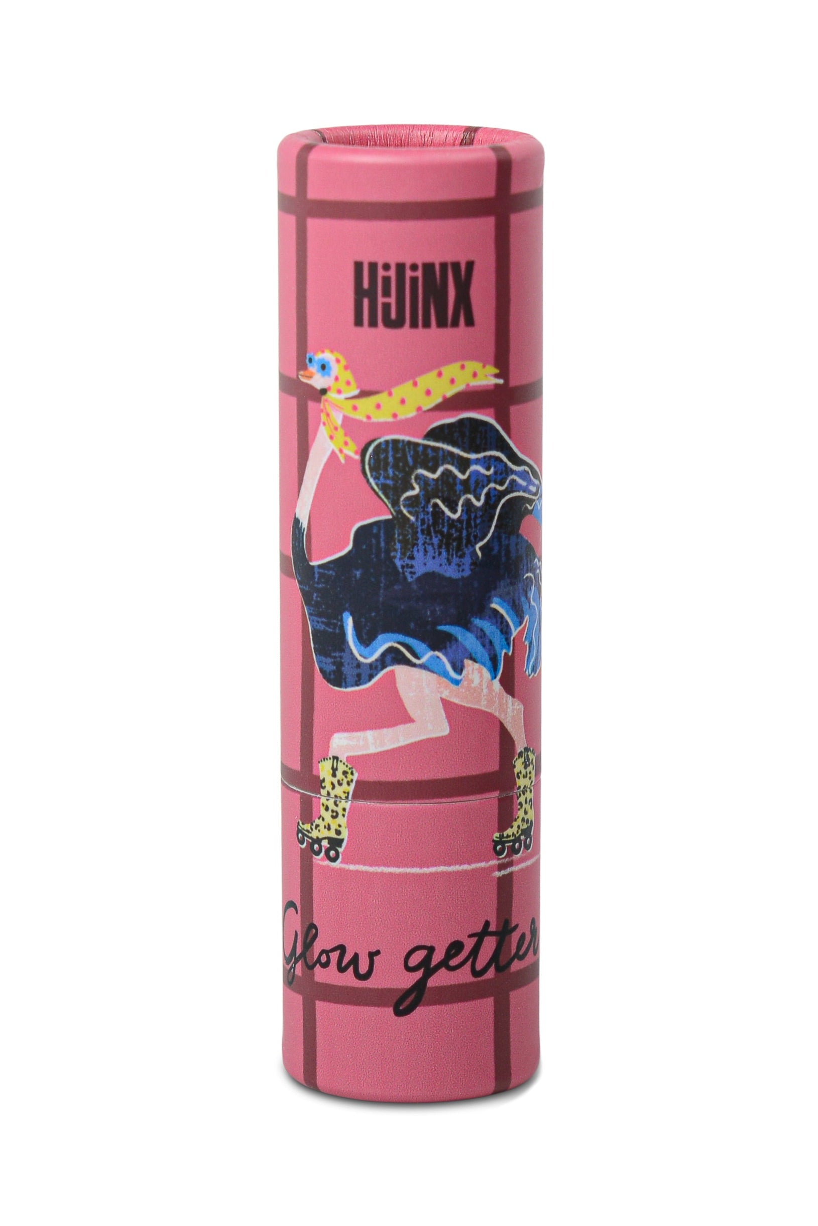Pink cylindrical product with artistic design and 'Hujinx' branding on a white background