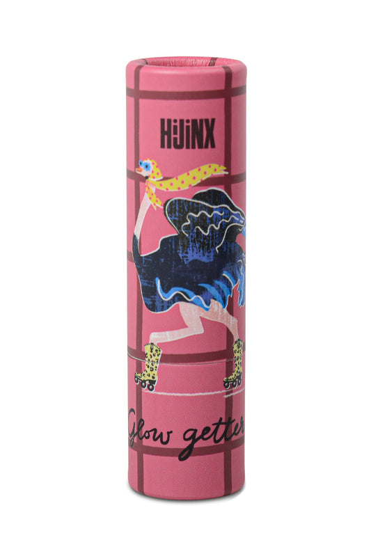 Pink cylindrical product with artistic design and 'Hujinx' branding on a white background