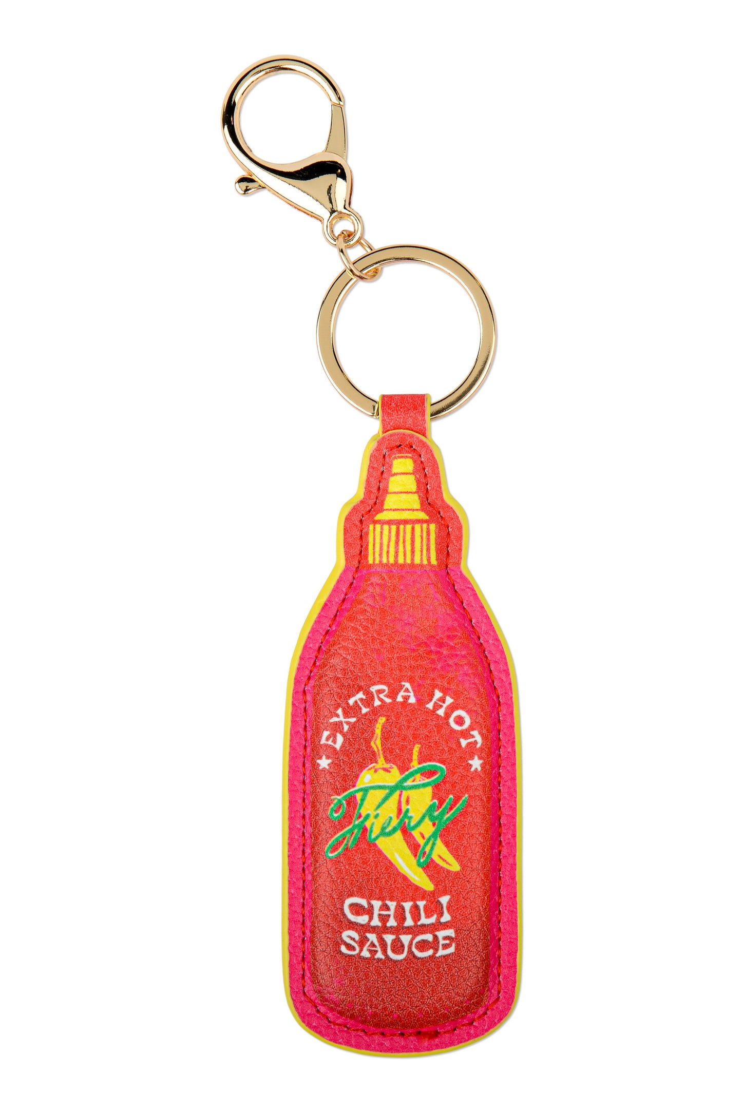 Chili sauce bottle keychain with gold ring on a white background