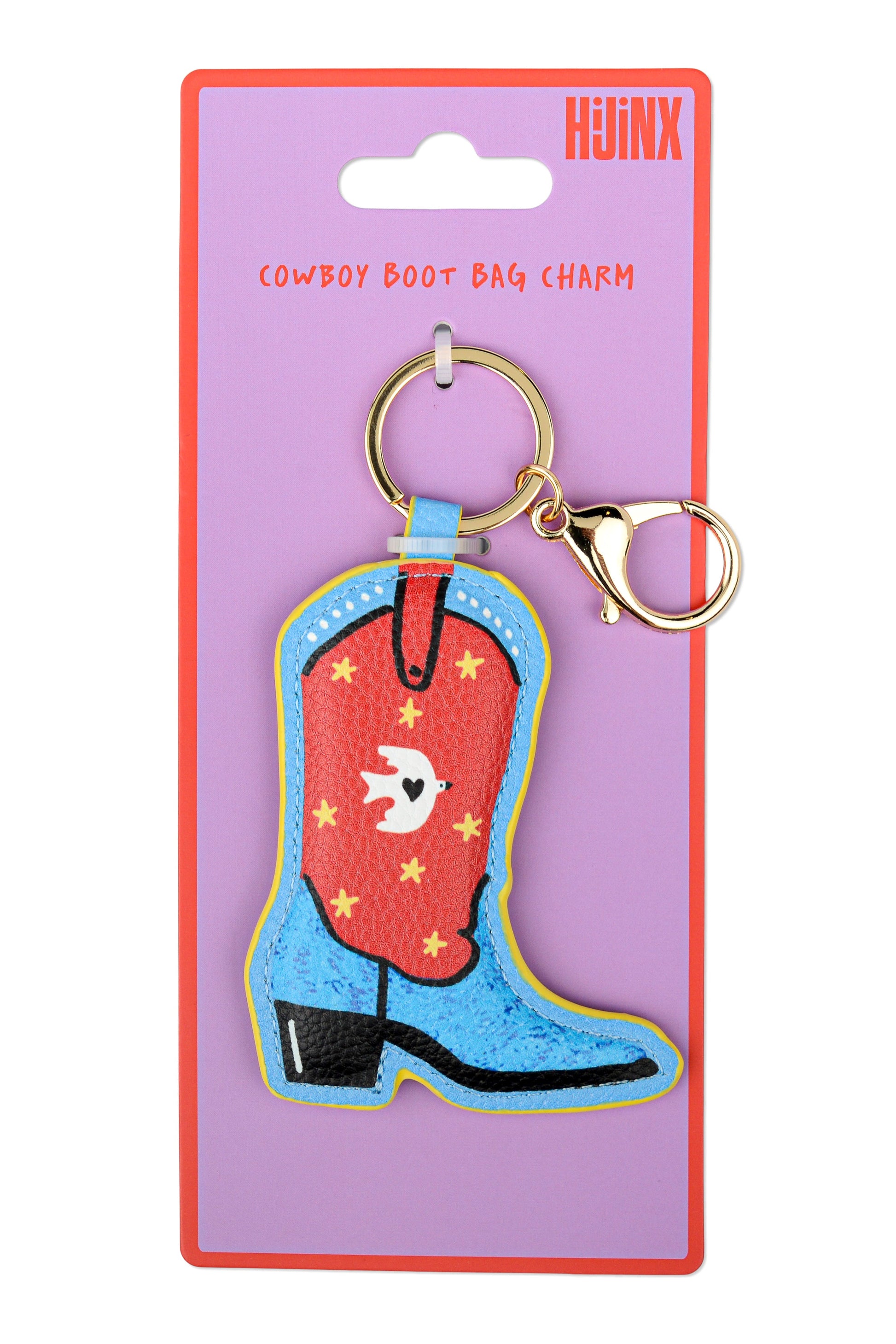 Cowboy boot bag charm on a pink card with 'Heiinx' branding