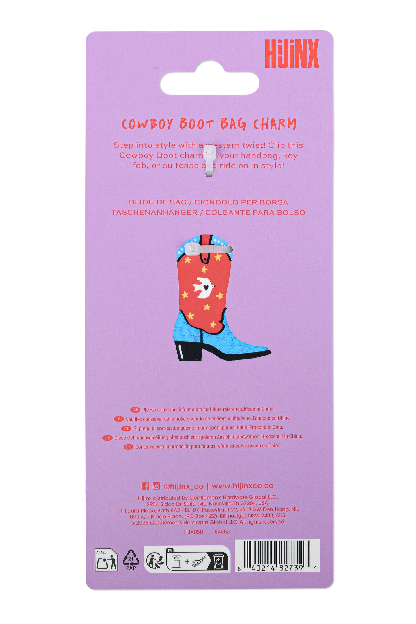 Back of a Jinx brand retail card package for a Cowboy Boot Bag Charm, featuring a purple background, product name in red and pink text, and an illustration of a red cowboy boot charm with blue heels.