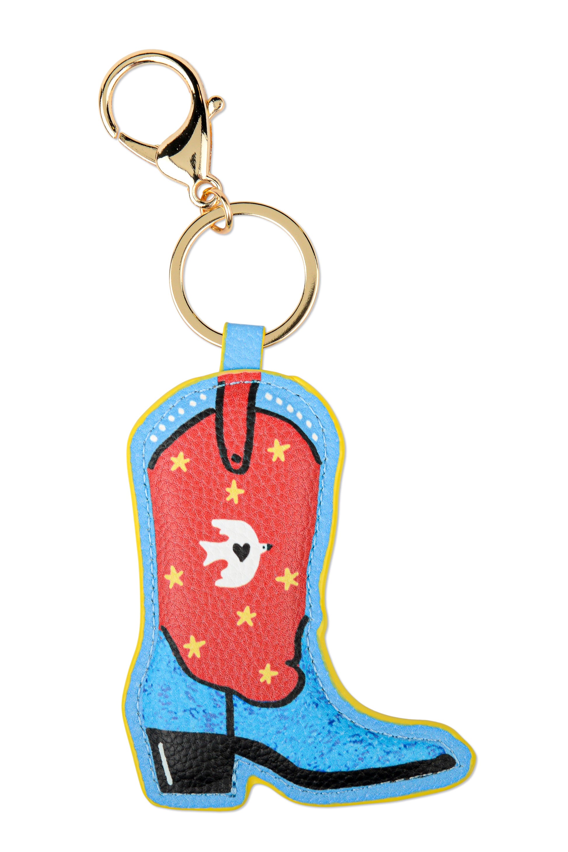 Colorful cowboy boot keychain with a gold clasp on a white background