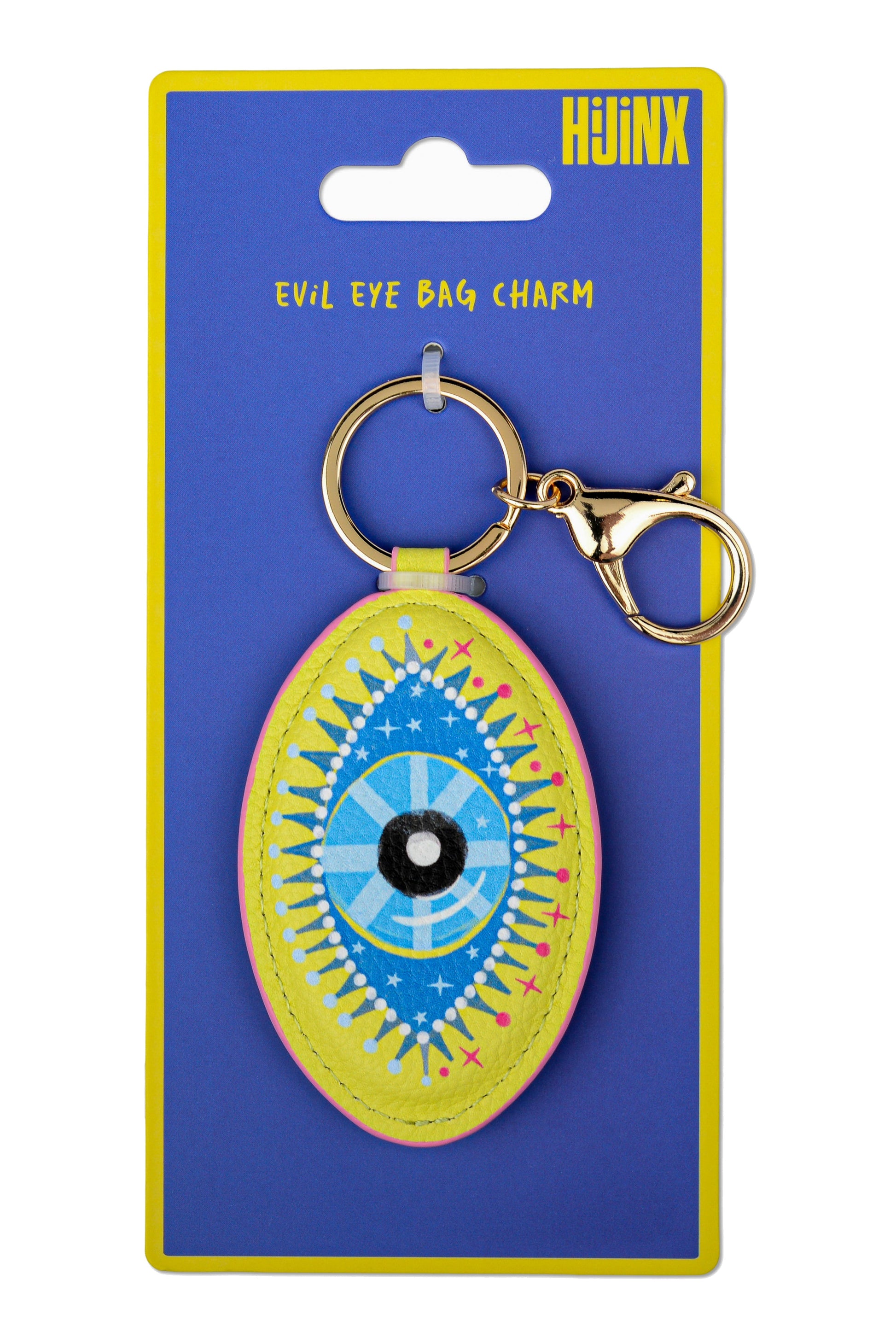 Evil eye bag charm on a blue card with 'Huinix' branding