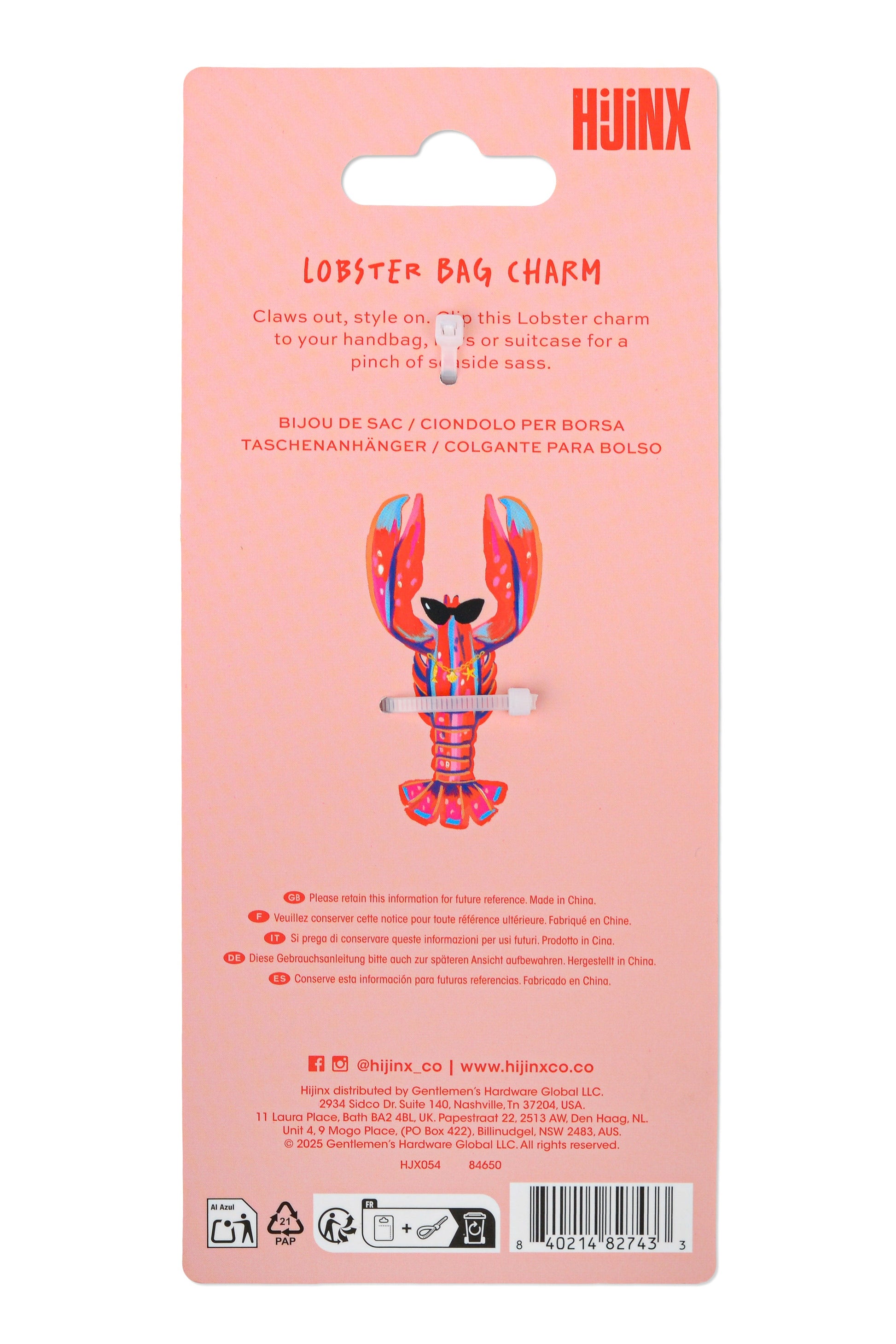 Hijinx lobster bag charm in its original pink blister packaging, featuring a colorful lobster charm with red, blue, and orange details.