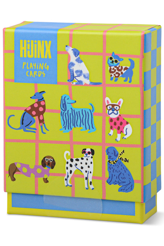 Box of Huxx playing cards with colorful dog illustrations on a white background