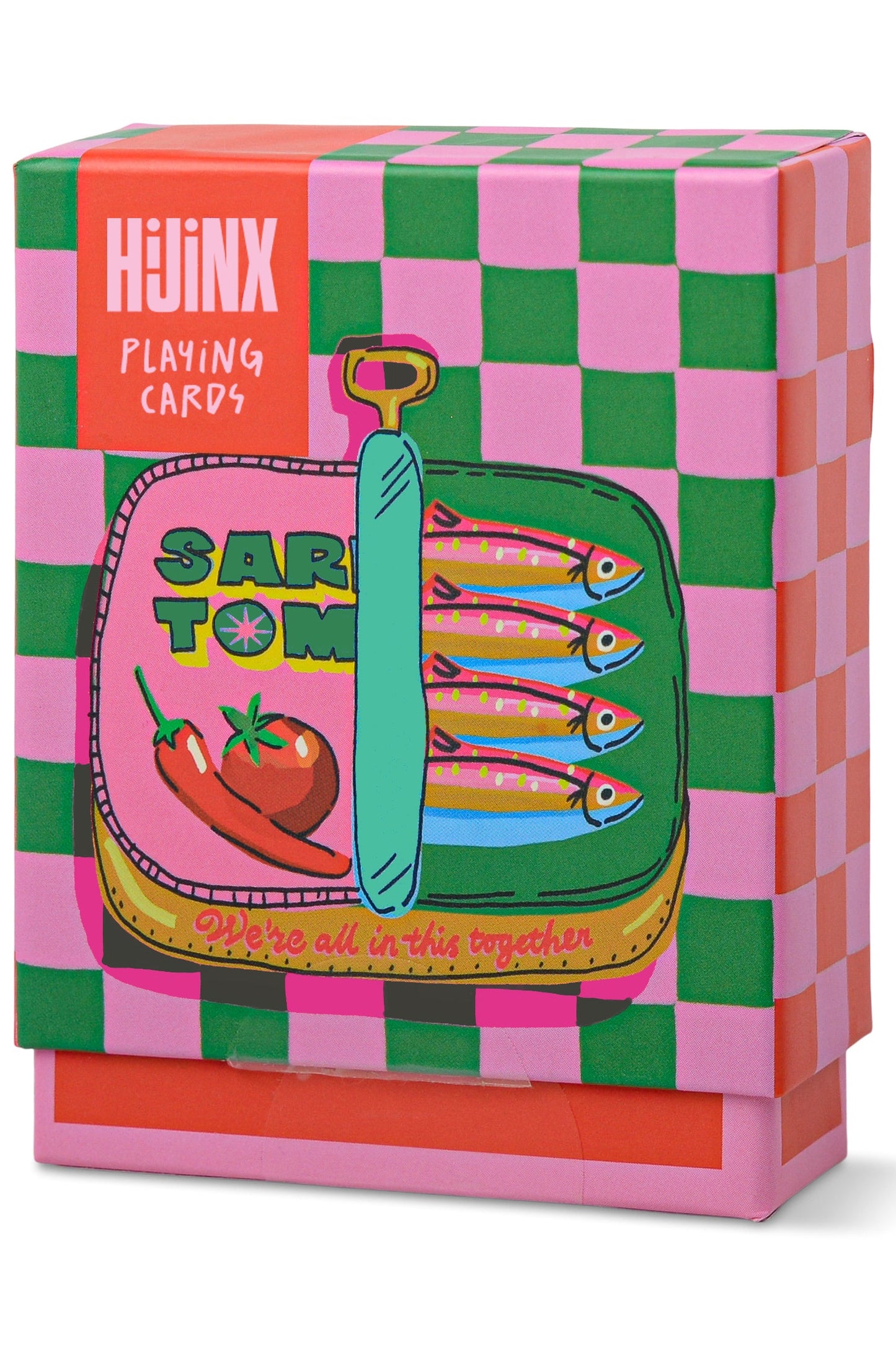 Colorful box of HUINX playing cards with a checkered pattern