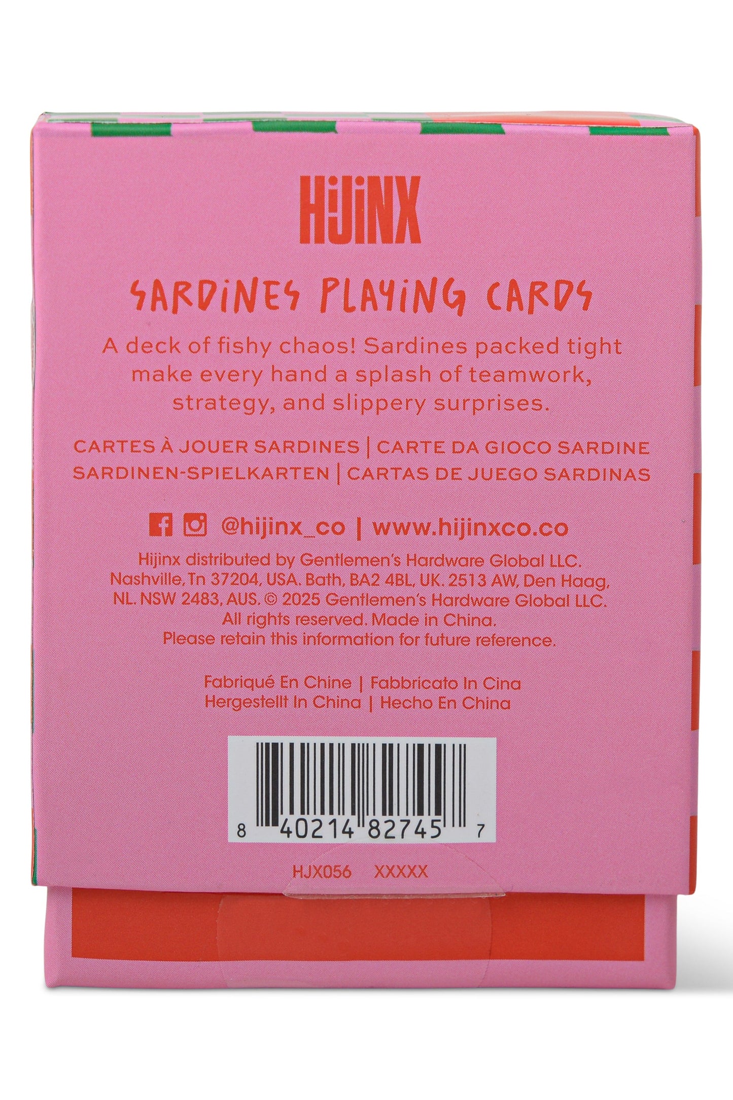 Back of a pink card box with text and Hijinx branding