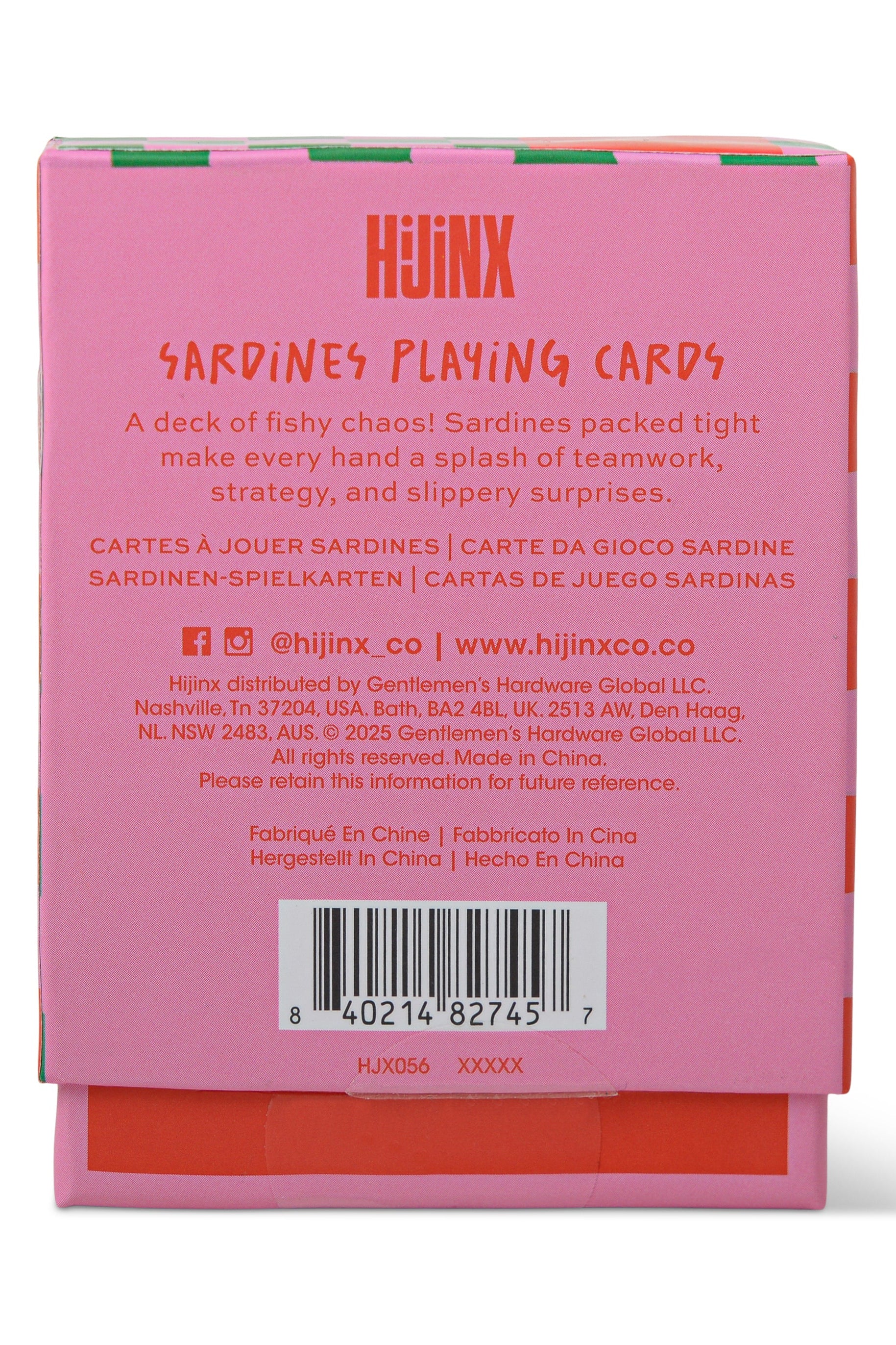 Back of a pink card box with text and Hijinx branding