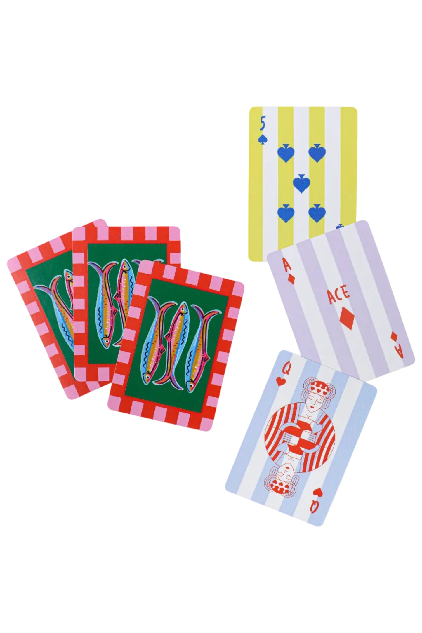 Set of colorful playing cards with different designs on a white background