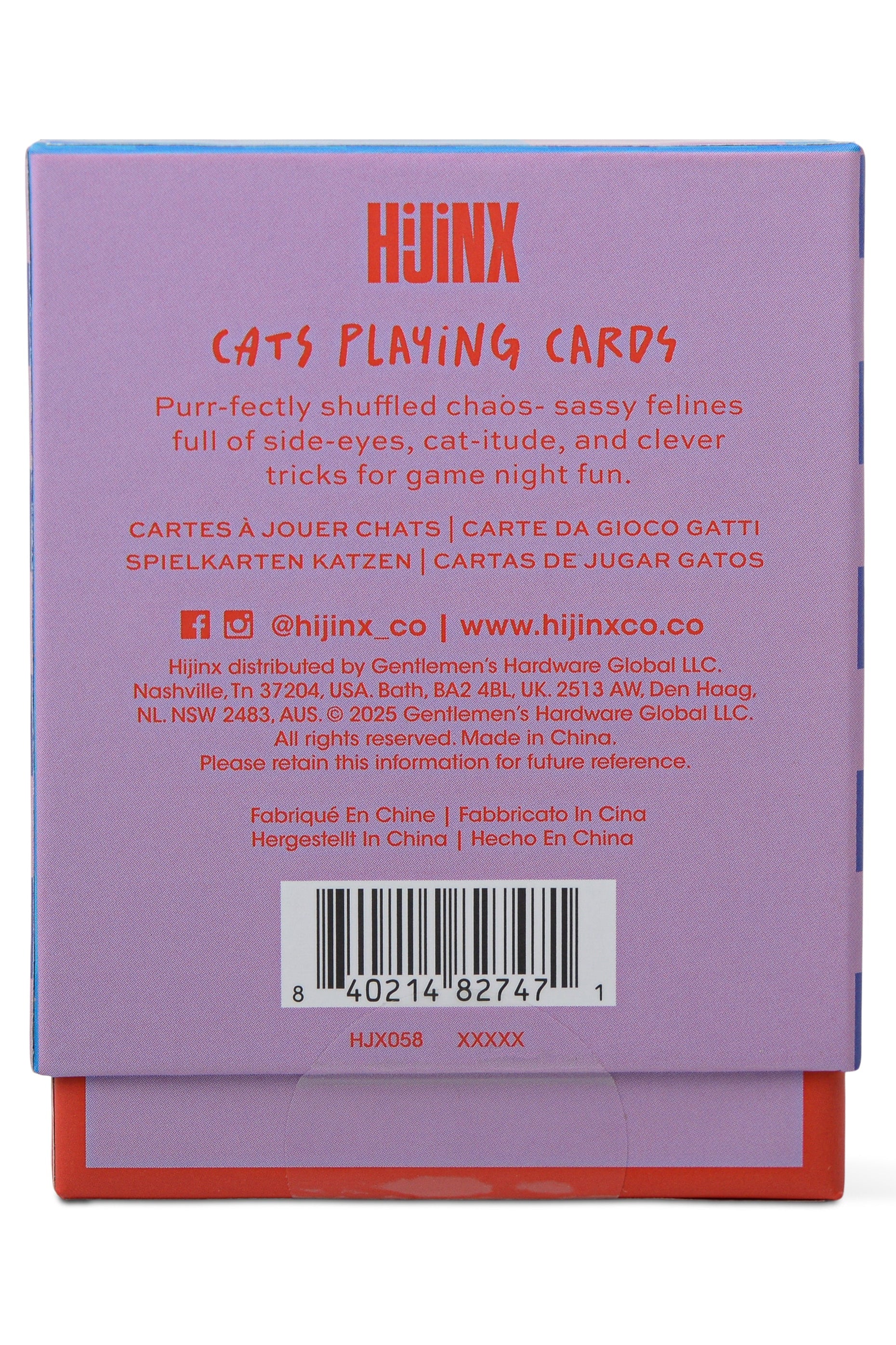The back of a purple box for HJINJX Cats Playing Cards, featuring product details, shipping information, and a barcode on a white background.