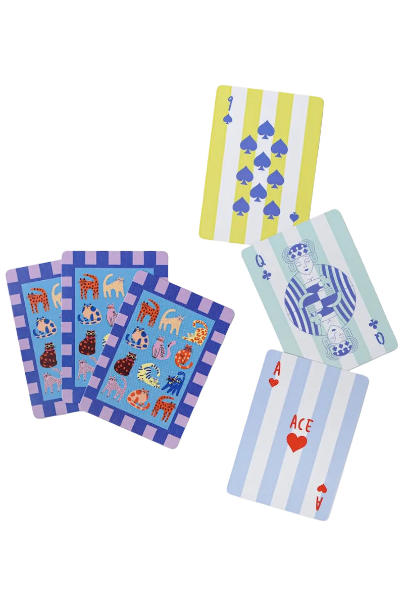 Set of colorful playing cards with animal illustrations on a white background