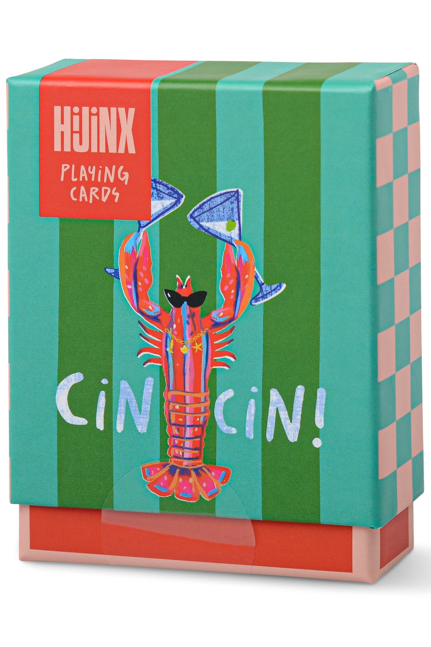 Playing card box with a colorful design featuring a lobster and martini glasses on a green and red striped background.