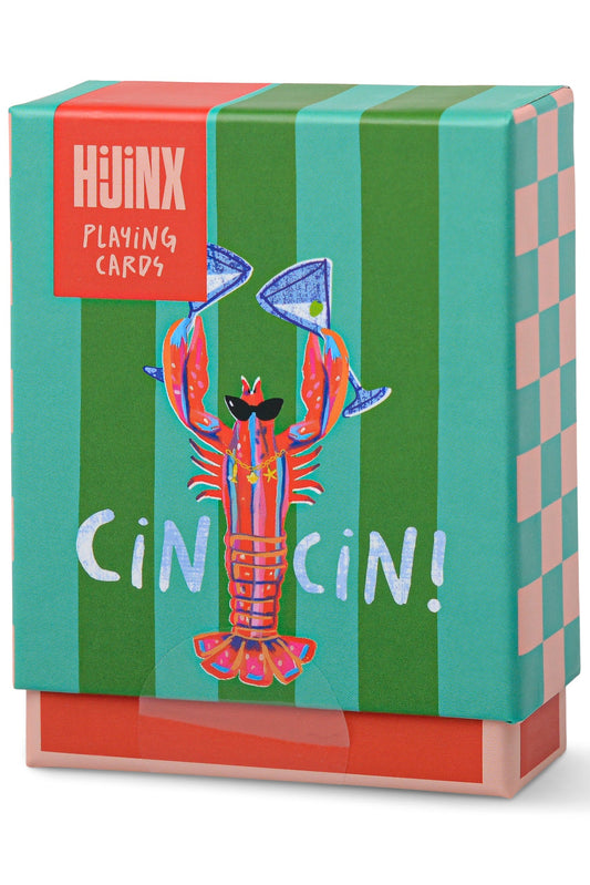 Playing card box with a colorful design featuring a lobster and martini glasses on a green and red striped background.