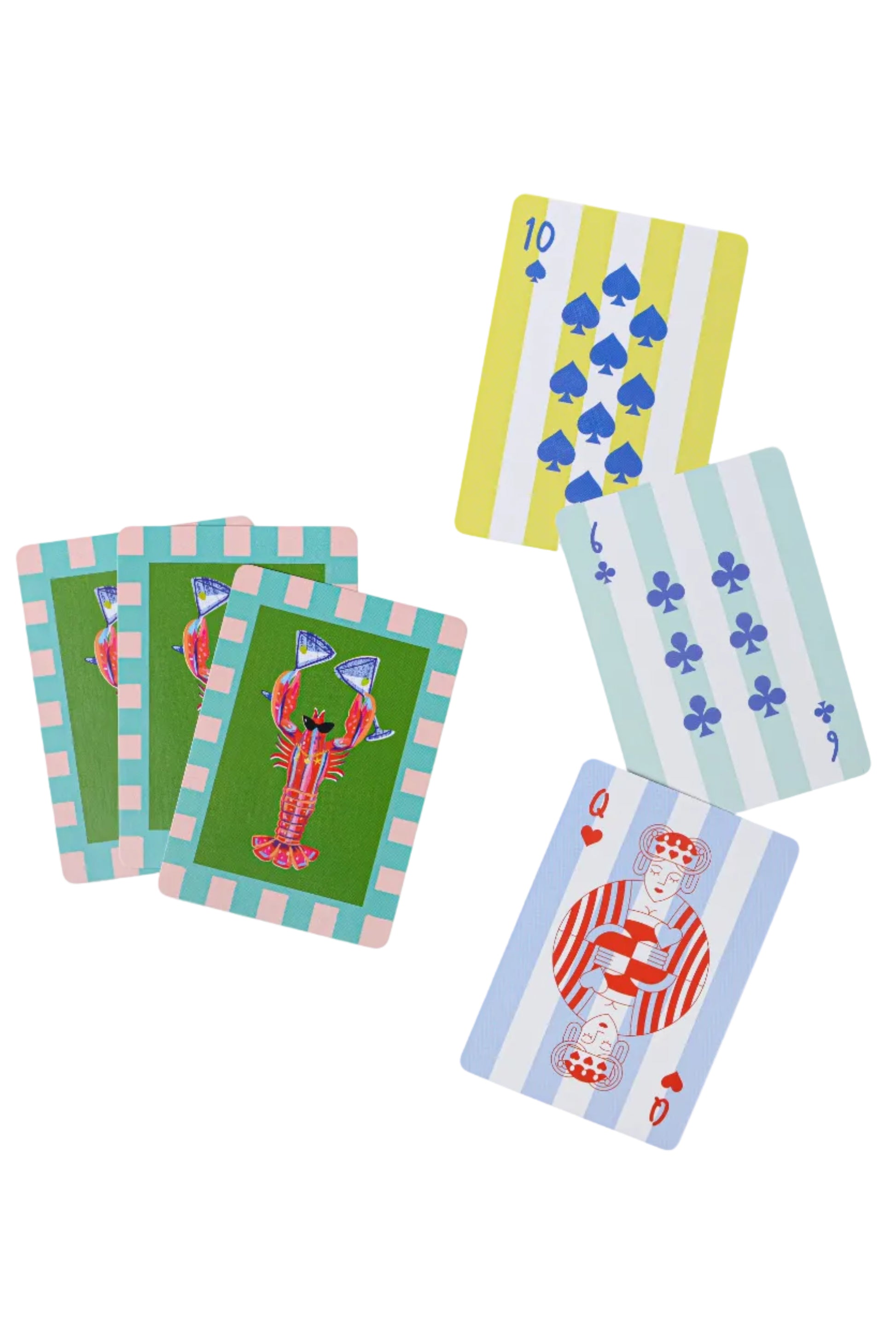 Set of colorful playing cards with cartoon characters on a white background